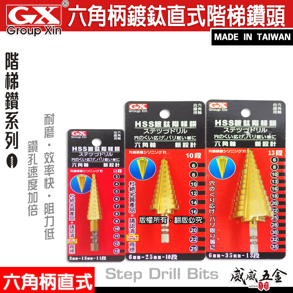 GX 台灣製｜六角軸直式鍍鈦階梯鑽頭｜零售-平型3支組｜圓穴鑽 HSS 六角柄白鐵用階梯鑽尾 六角軸階梯鑽