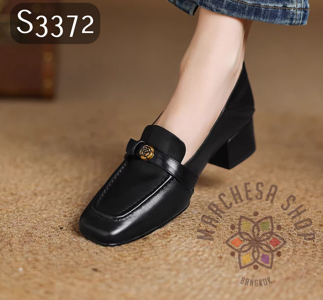 S3372 - 羊皮水磨做舊山茶花方頭高踭休閒鞋