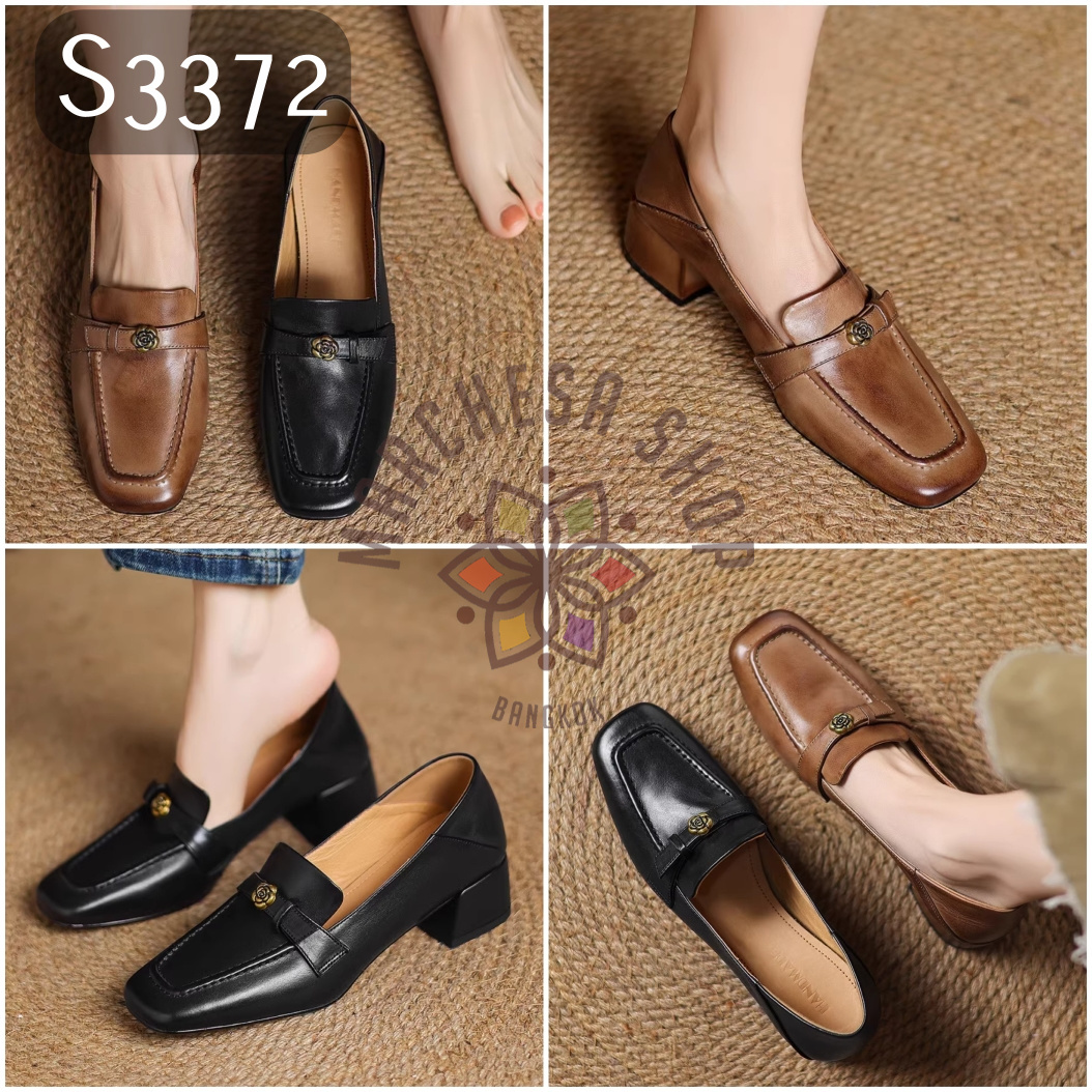 S3372 - 羊皮水磨做舊山茶花方頭高踭休閒鞋