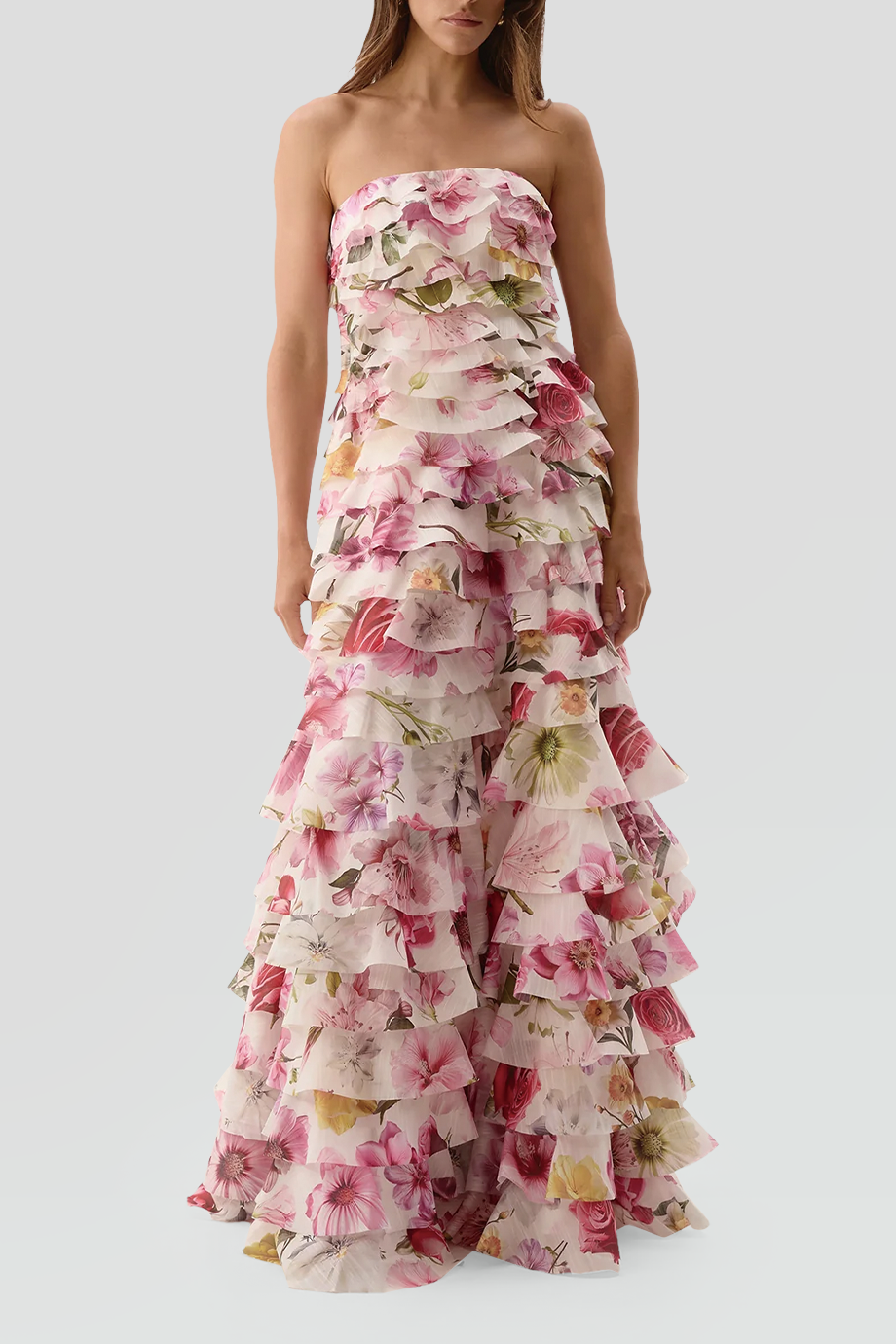 Aje｜FLEUR 平口褶邊層次花卉長洋裝