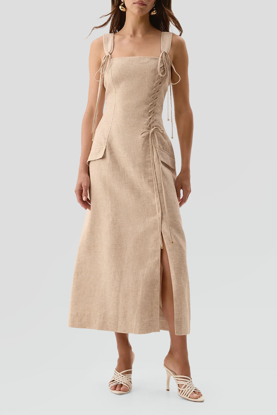 Aje｜MORGAN 方領寬肩帶繫帶造型洋裝