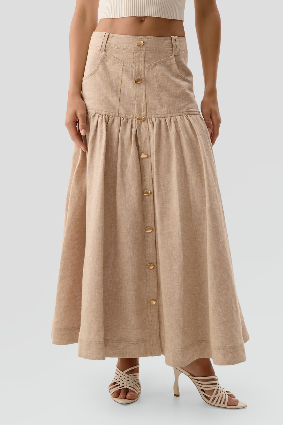 Aje｜MORGAN 高腰排釦拼接亞麻長裙