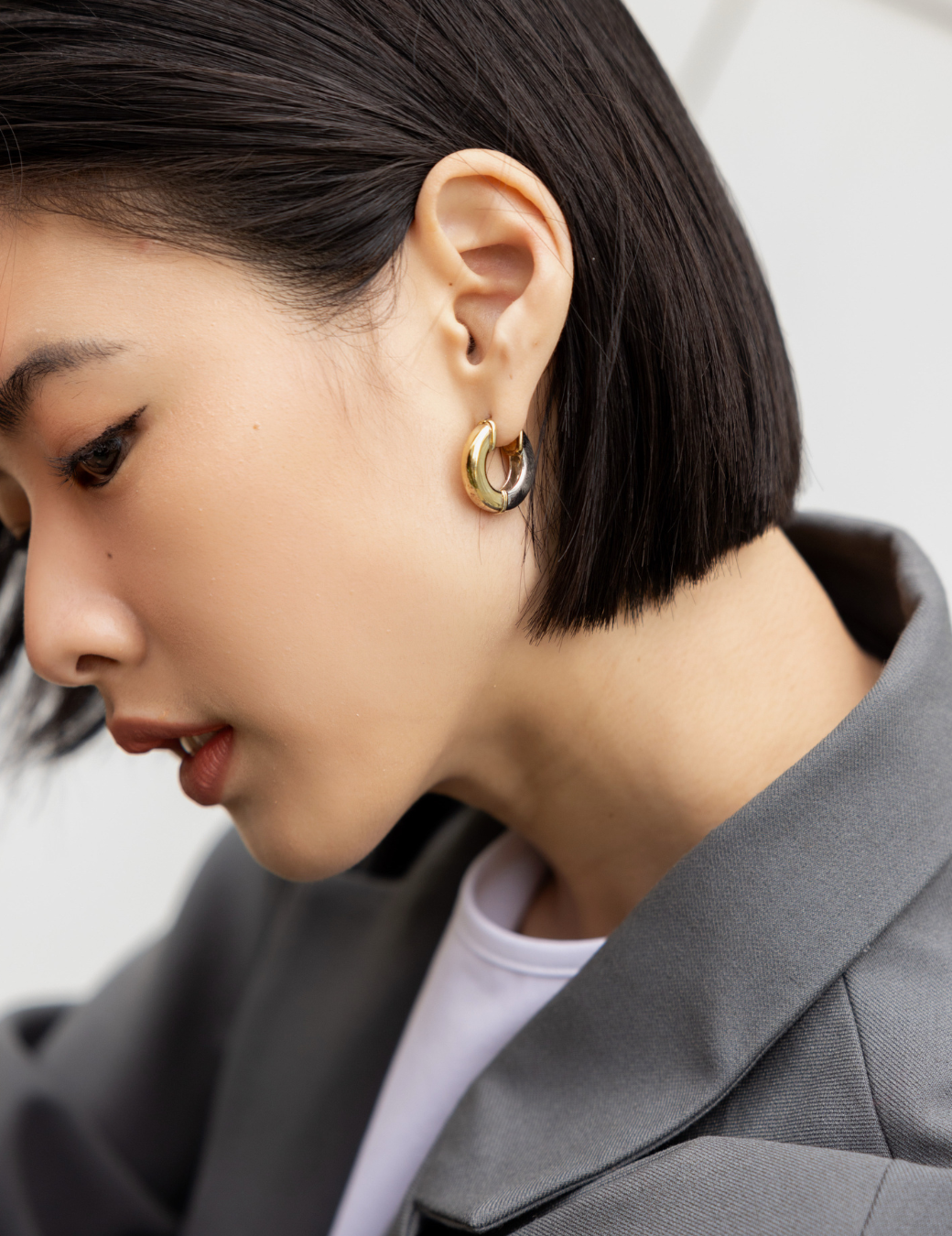 鍍18K圓形雙色耳環（金銀）