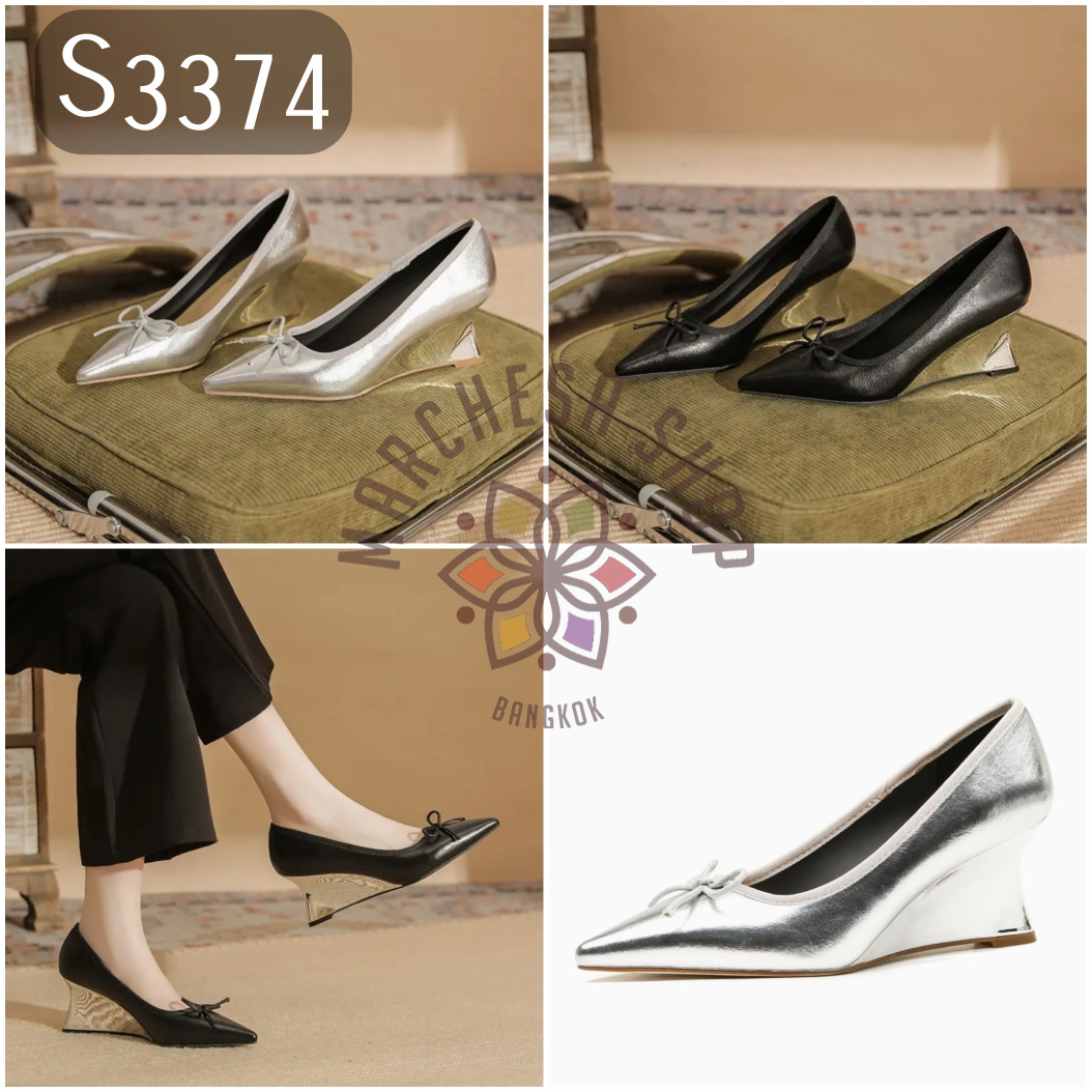 S3374 - 羊皮簡約蝴蝶結尖頭銀高踭船踭鞋