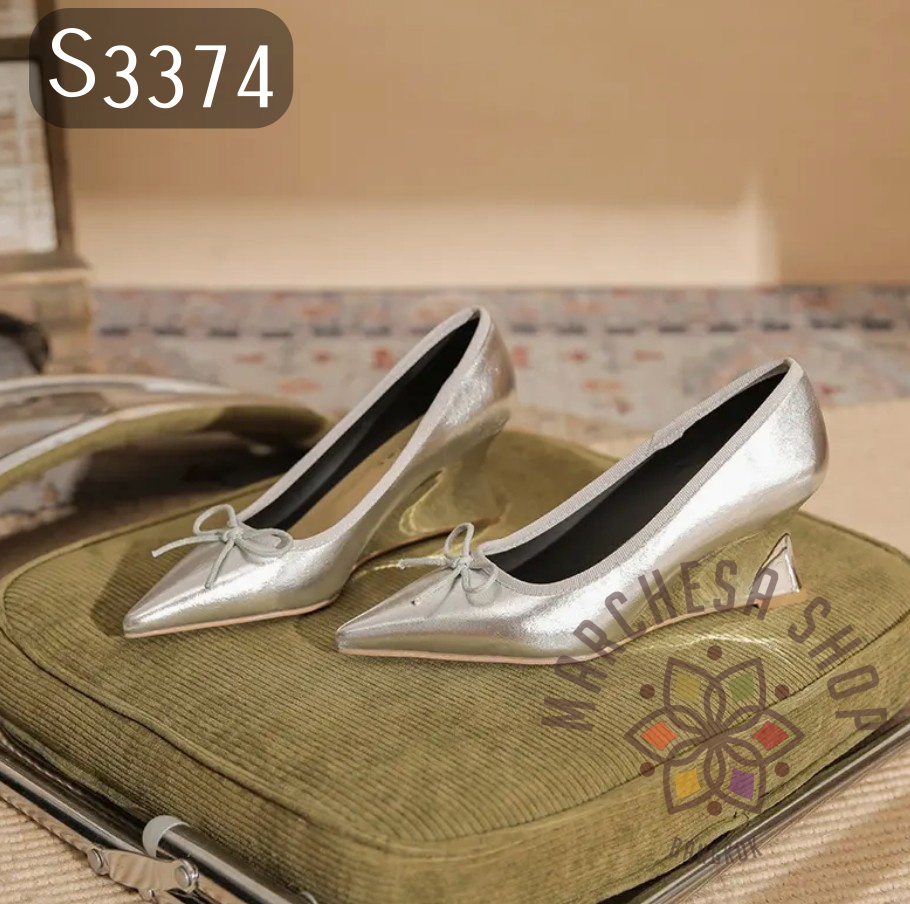 S3374 - 羊皮簡約蝴蝶結尖頭銀高踭船踭鞋