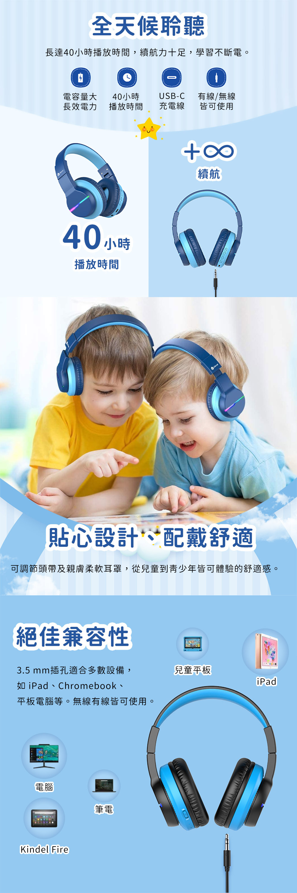 全天候聆聽長達40小時播放時間,續航力十足,學習不斷電。電容量大40小時USB-C有線/無線長效電力播放時間充電線皆可使用40小時播放時間續航貼心設計配戴舒適可調節頭帶及親膚柔軟耳罩,從兒童到青少年皆可體驗的舒適感。絕佳兼容性3.5mm插孔適合多數設備, iPad、Chromebook、兒童平板iPad平板電腦等。無線有線皆可使用。電腦筆電Kindel Fire