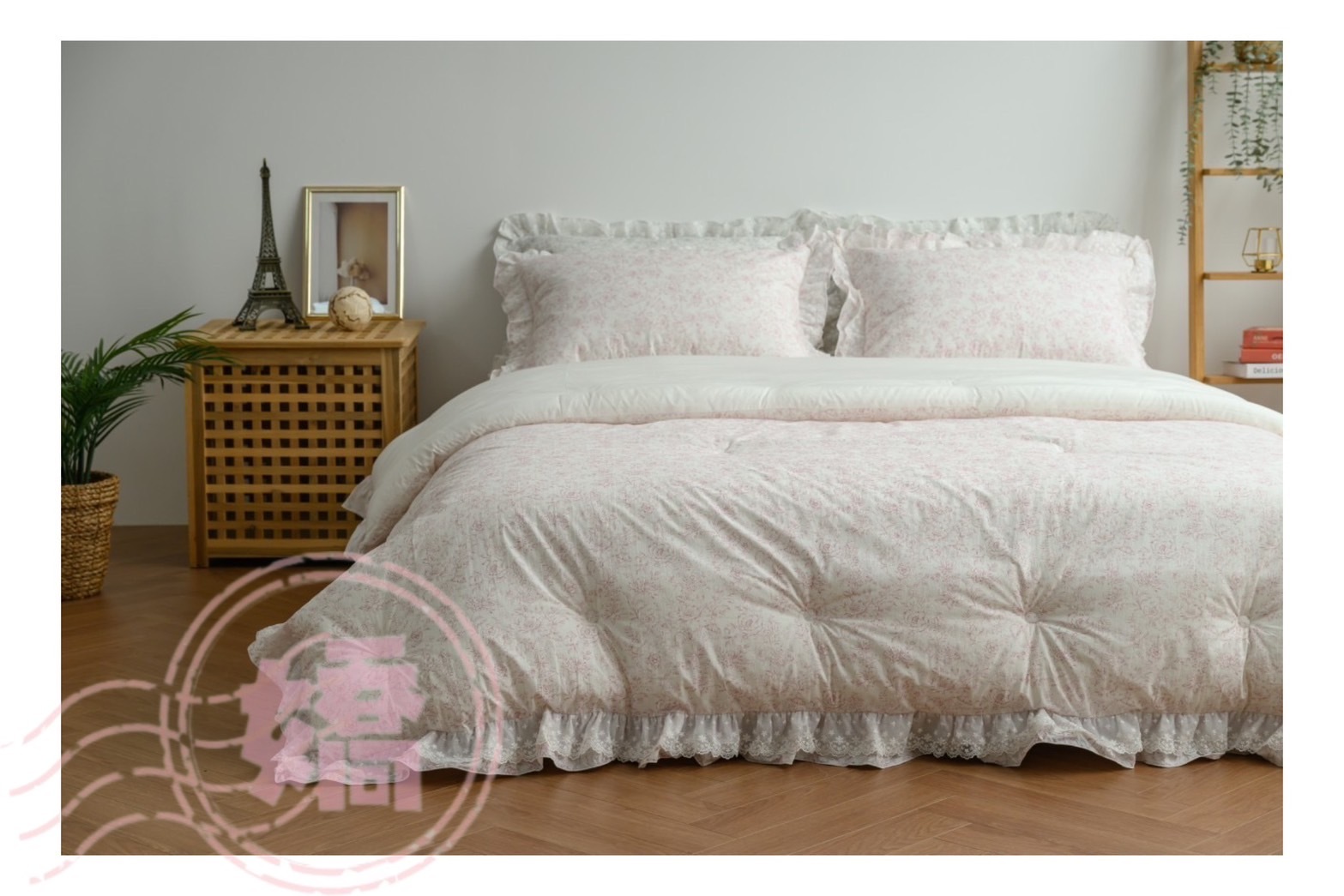 K03018蕾絲邊滿版碎花四季被(大'小'枕套)(粉'白'奶茶)