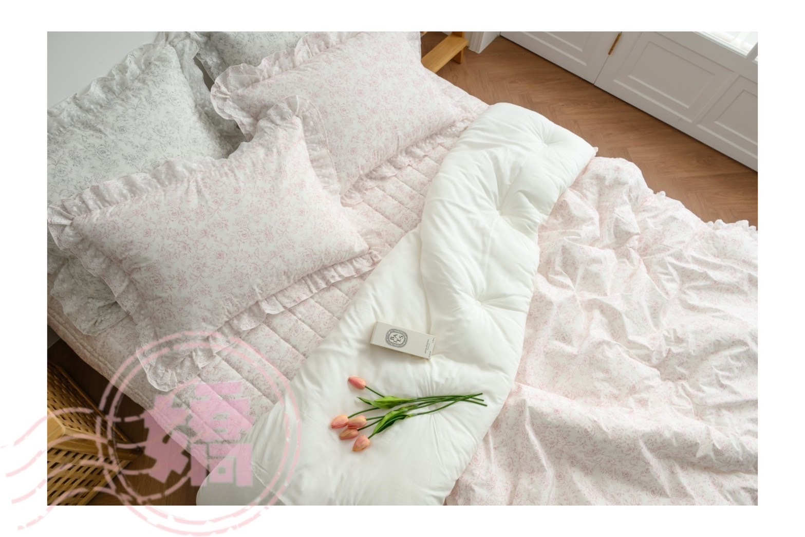 K03018蕾絲邊滿版碎花四季被(大'小'枕套)(粉'白'奶茶)