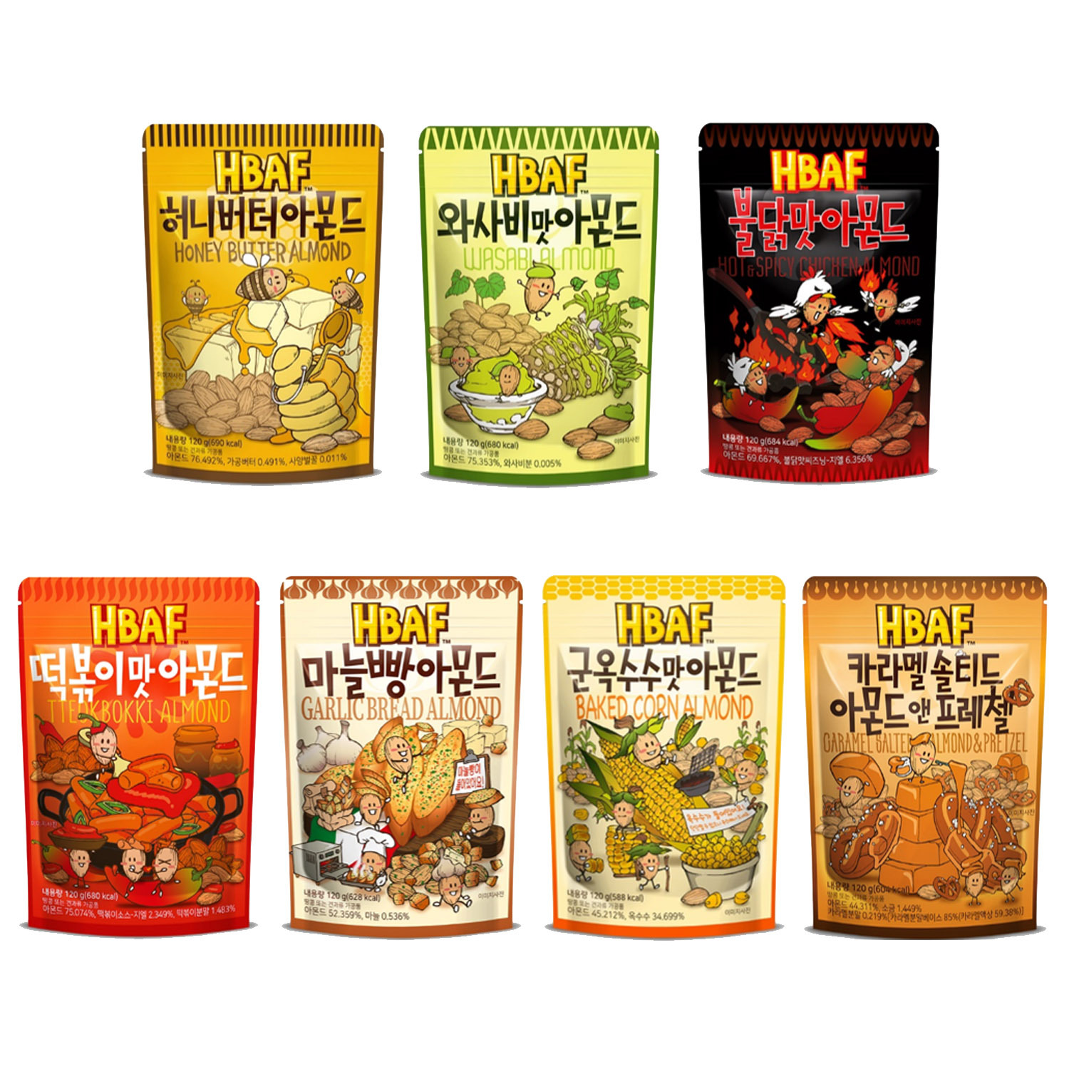 韓國 HBAF 風味 杏仁果 120g (中) 蜂蜜 芥末 火辣雞 炒年糕 大蒜吐司 烤玉米 焦糖蝴蝶餅
