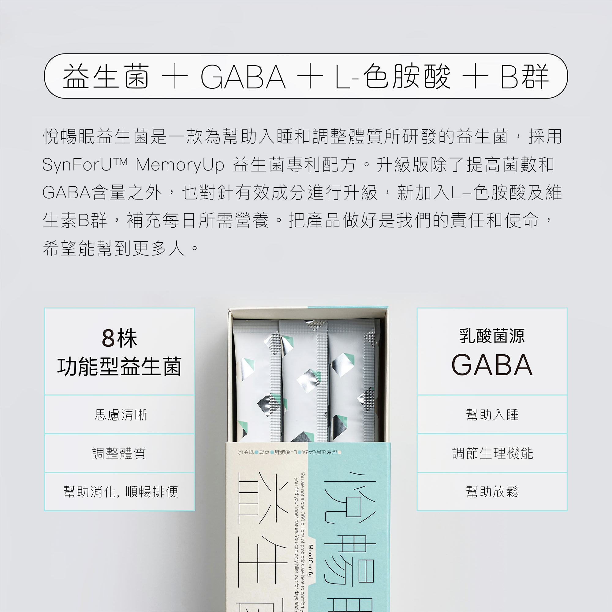 悅暢眠益生菌是一款為幫助入睡和調整體質所研發的益生菌,採用SynForU™ MemoryUp 益生菌專利配方。升級版除了提高菌數和GABA含量之外,也對針有效成分進行升級,新加入L-色胺酸及維生素B群,補充每日所需營養。把產品做好是我們的責任和使命,希望能幫到更多人。