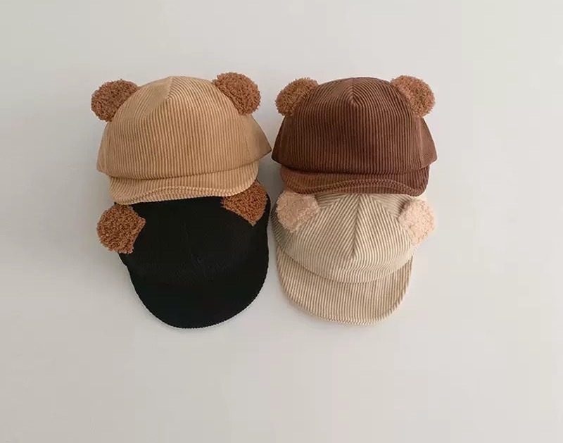 坑條小熊耳朵帽