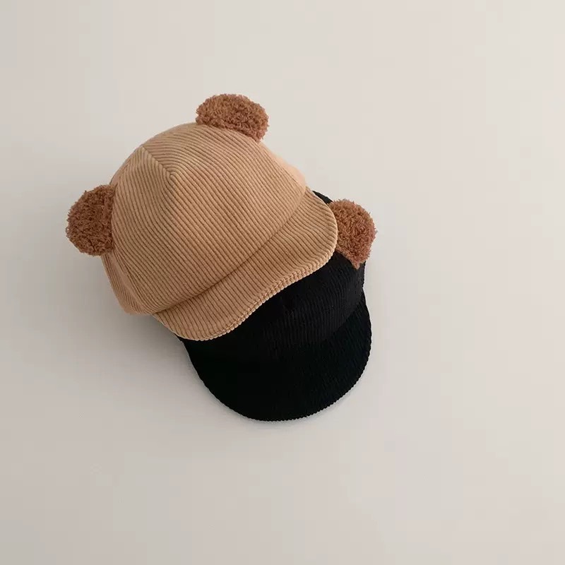 坑條小熊耳朵帽