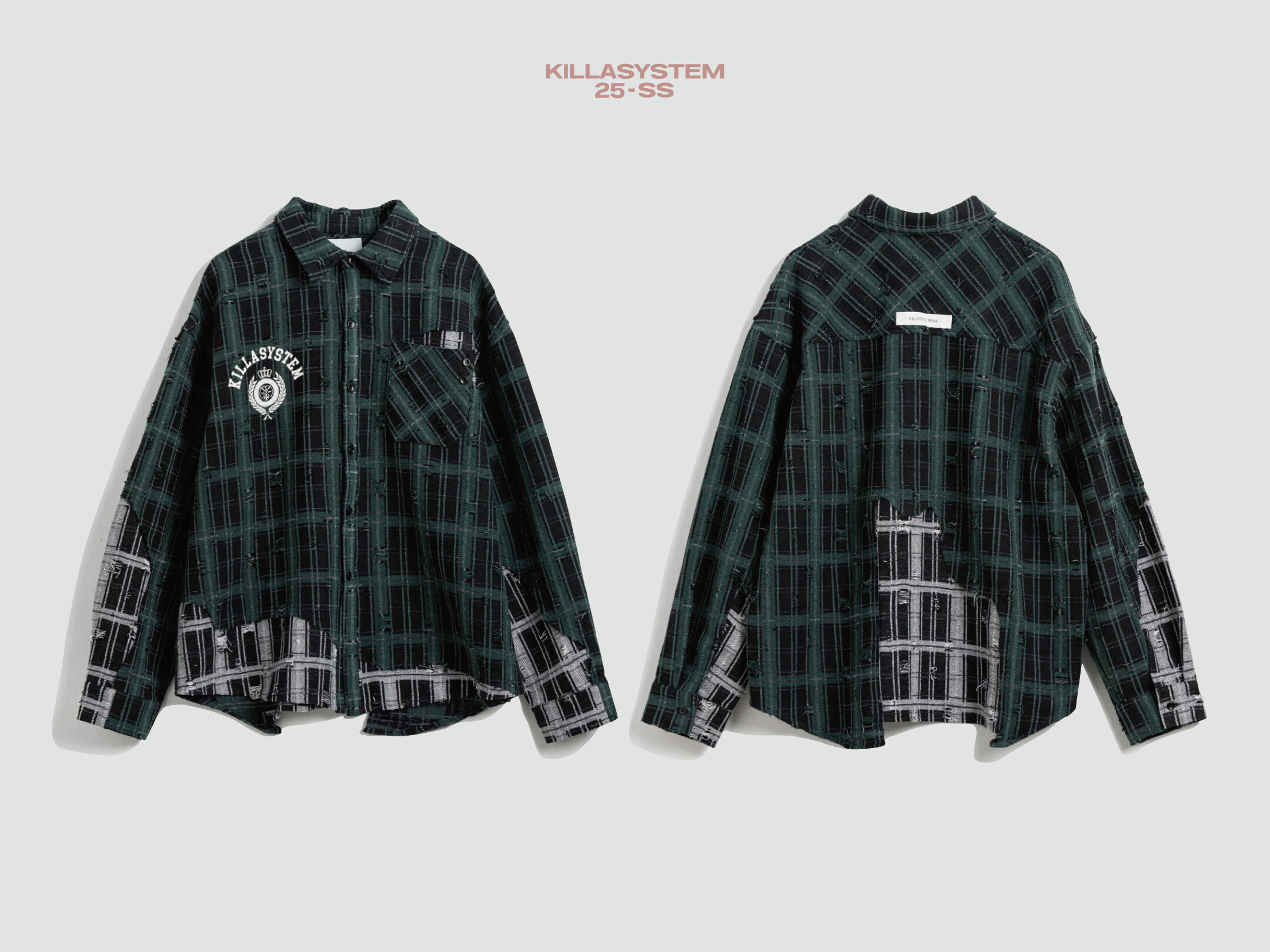 KILLASYSTEM 25S/S FABRICS PATCHWORK SHIRT 格紋 破壞加工 拼接