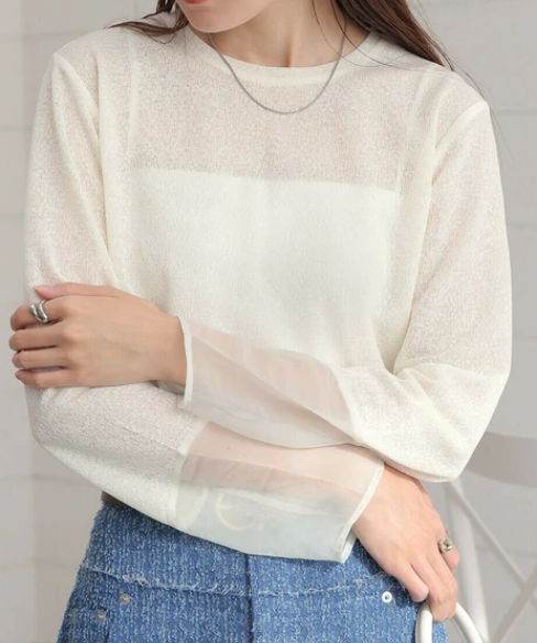 透明硬紗袖口拼接圓領上衣