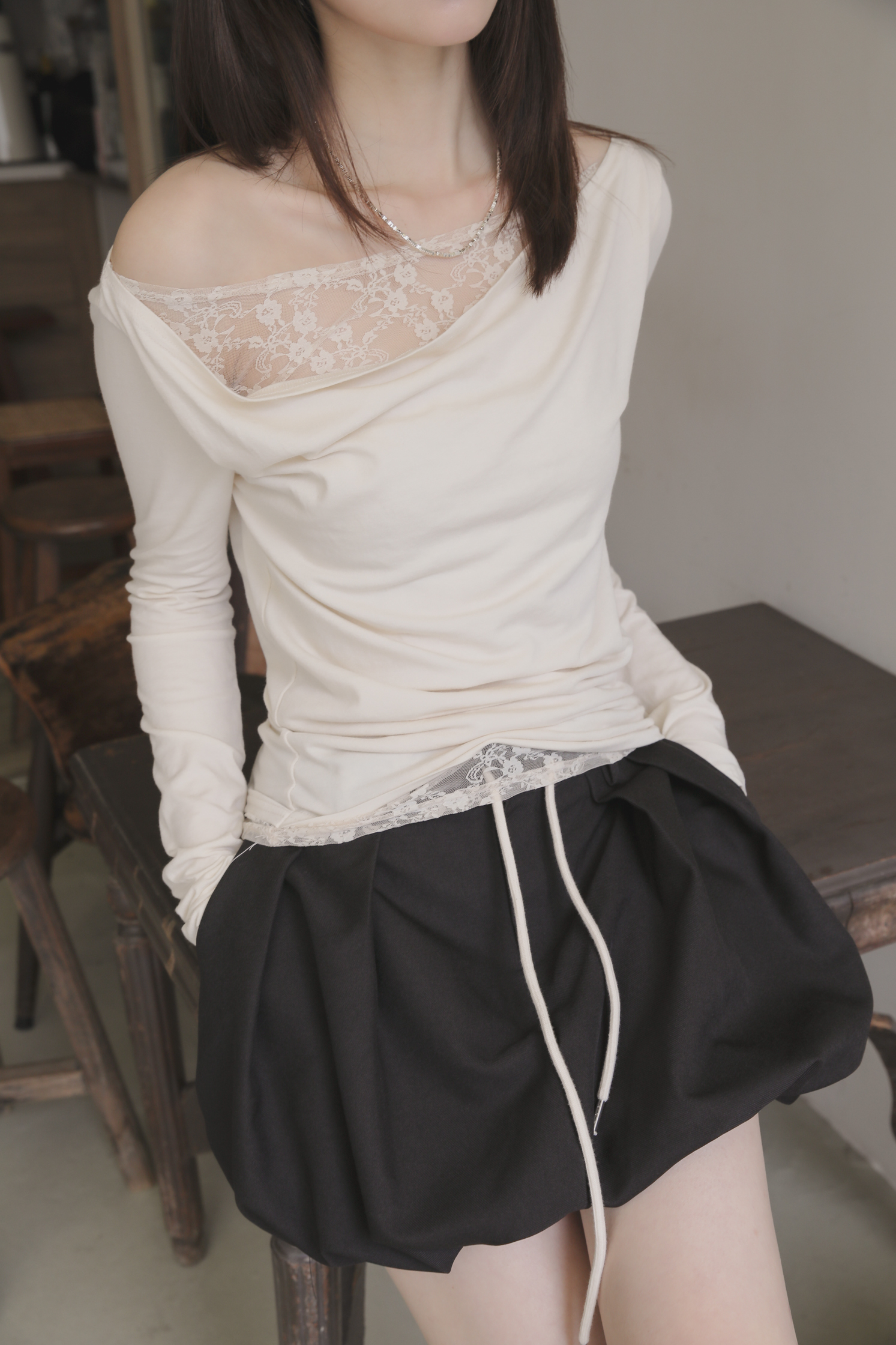 Lace Drape Tee #長袖