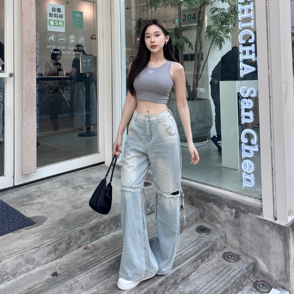 【練愛戰士】DOMISS個性兩段式刷舊感-牛仔長褲-2色 (現貨)