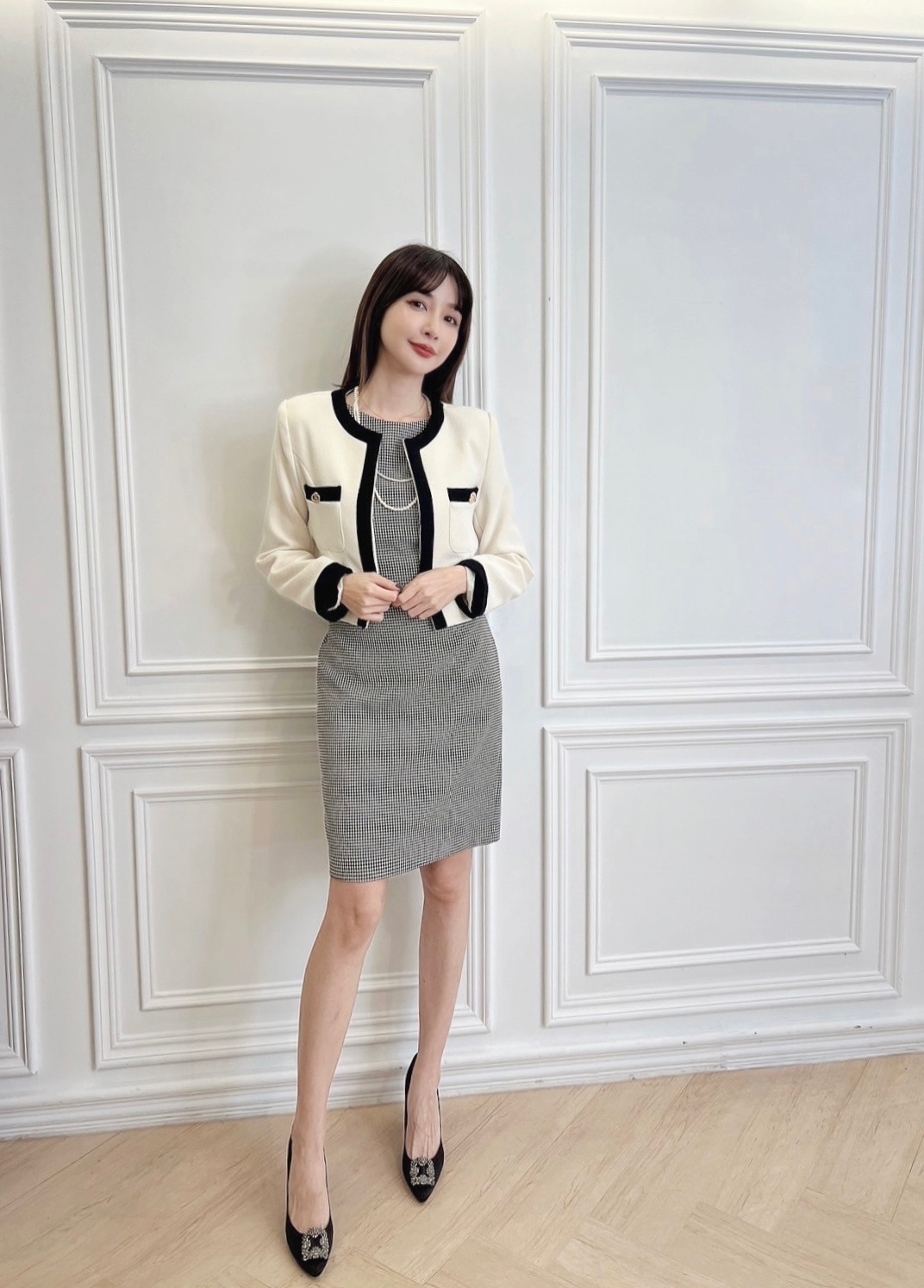 ( JS )經典版型歐美洋裝-黑白雙色織紋