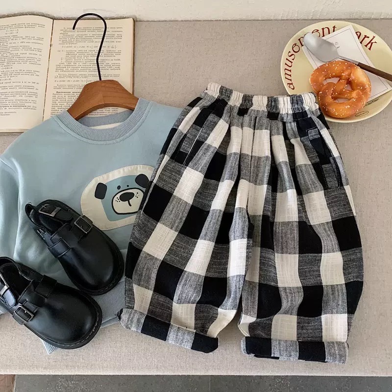 復古格子棉麻休閒褲