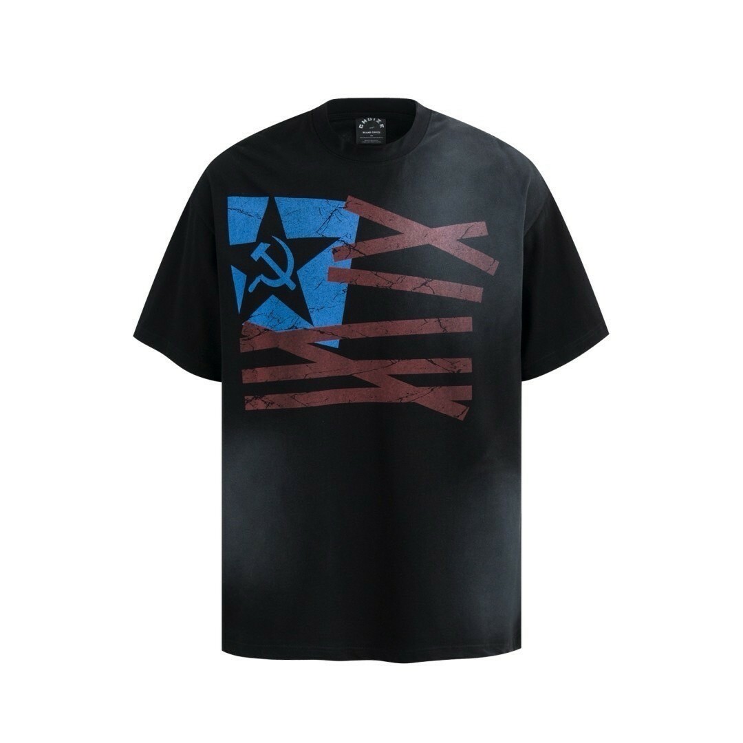 UNISEX 美式 旗幟 印花 做髒 上衣 #短袖