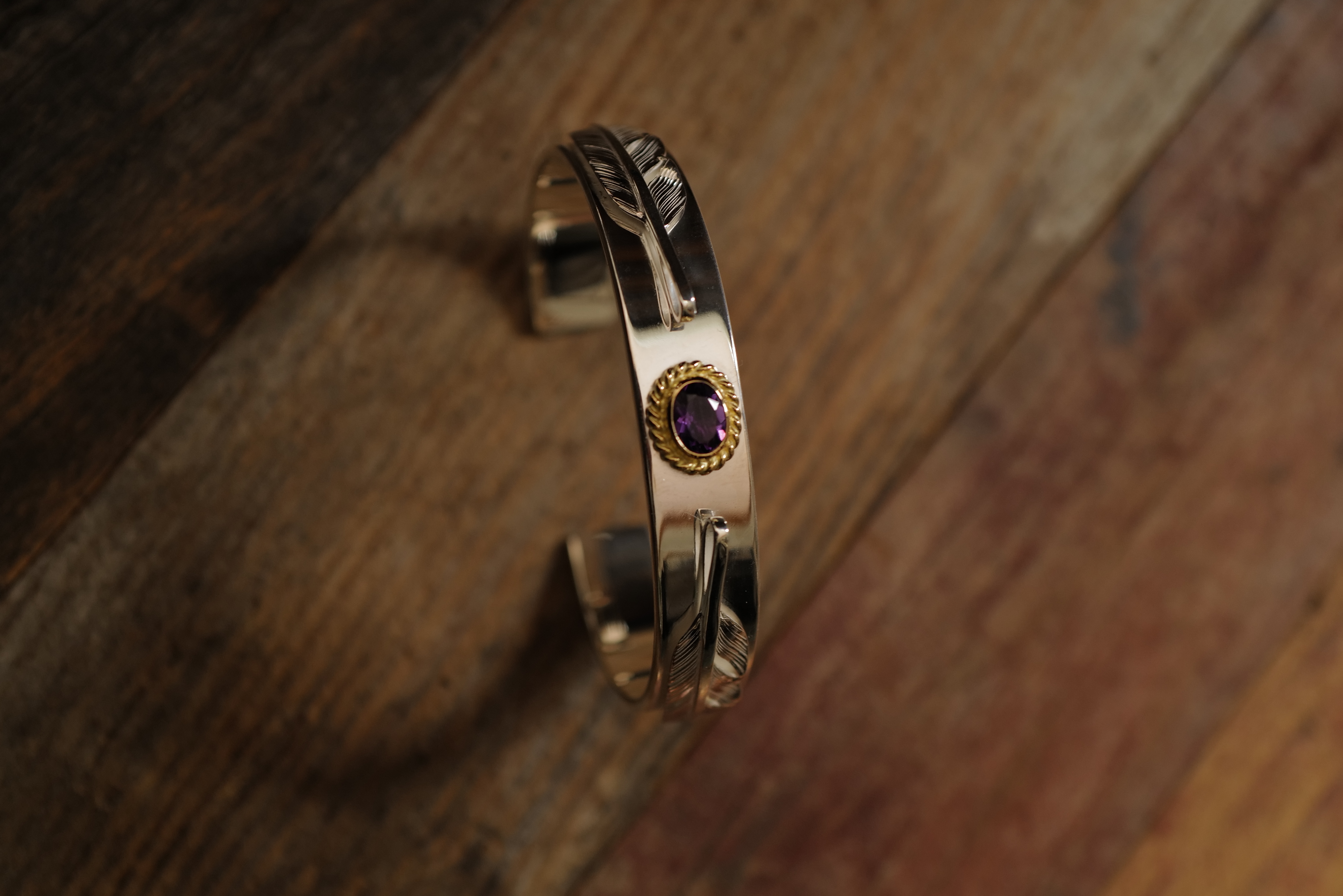 12mm 金繩切割紫水晶雙銀羽平打手鐲*