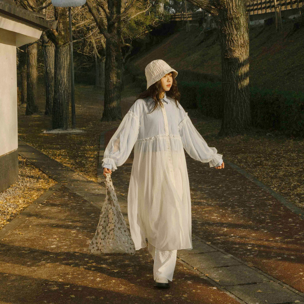 Sheer ruffled button-down dress blouse, two colors for sale【01098820】in stock+pre-order