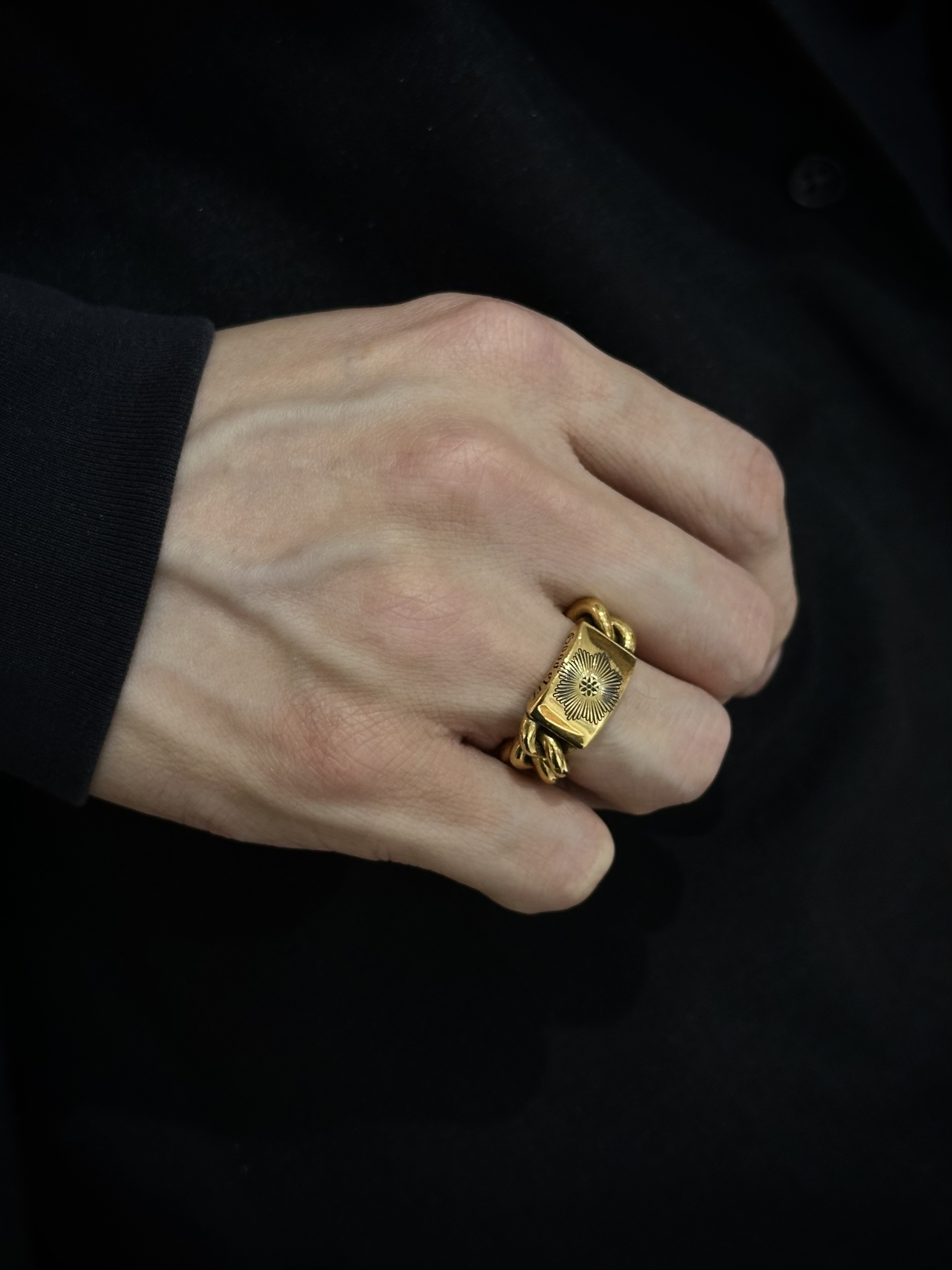 GA 22K Curb Chain ID Ring w/ Rosette Burst US6.5