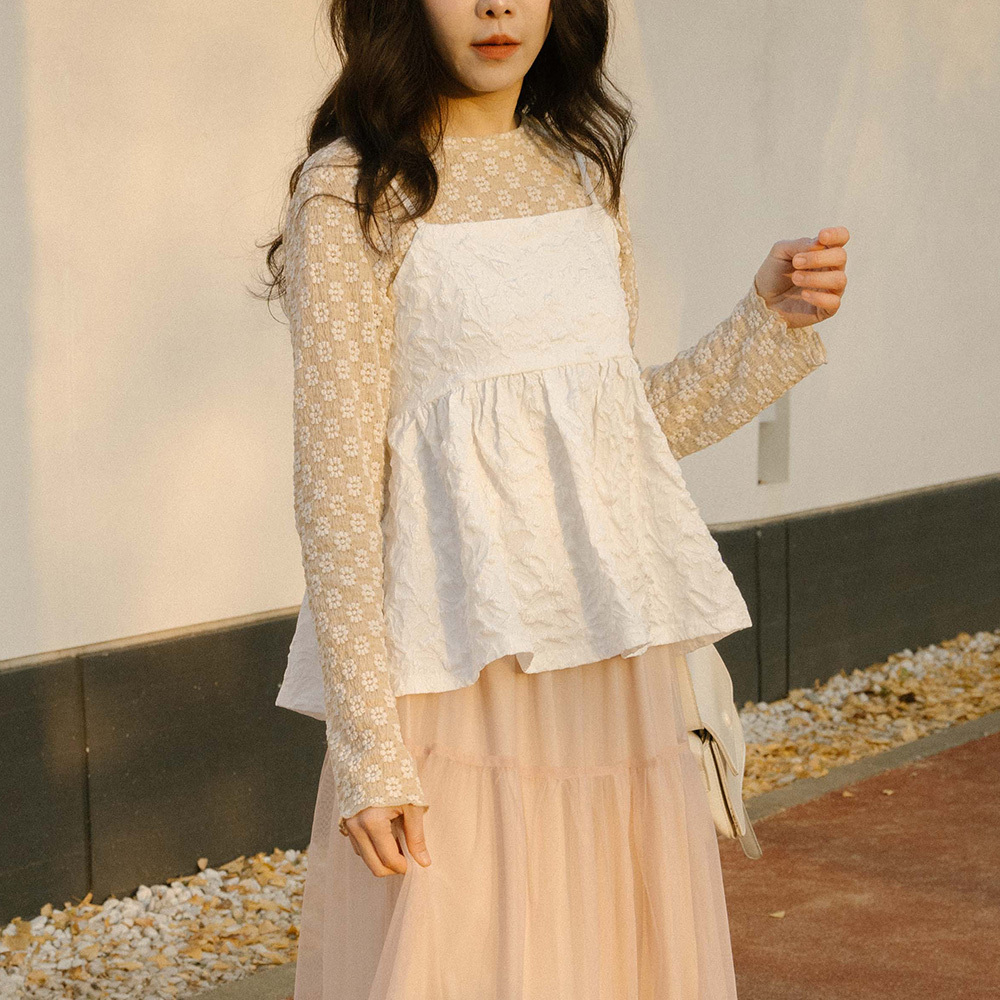 Three-dimensional all-over jacquard ear-shaped top sold in three colors【01098425】in stock+pre-order