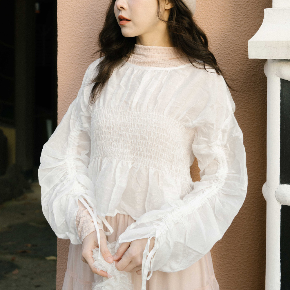 Micro-glossy wrinkled mesh sheer top, sold in three colors【01098792】in stock+pre-order