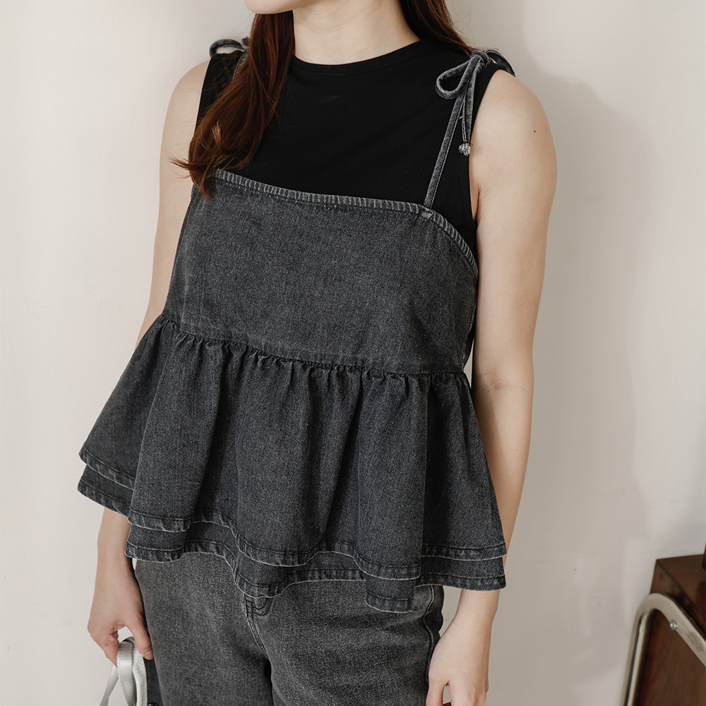 Back button slit tie denim double layer vest【01098843】in stock+pre-order