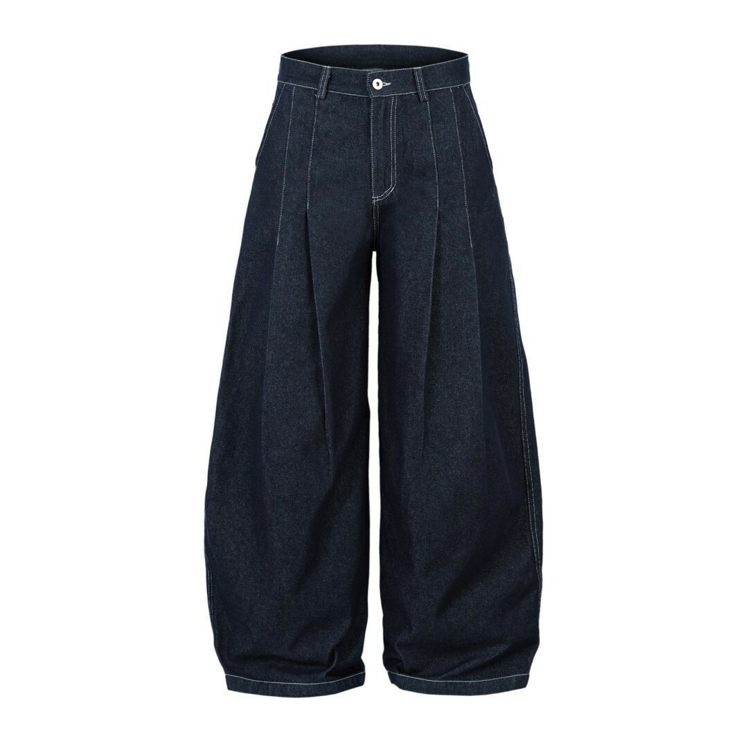 UNISEX baggy復古 打摺 彎刀 #牛仔褲