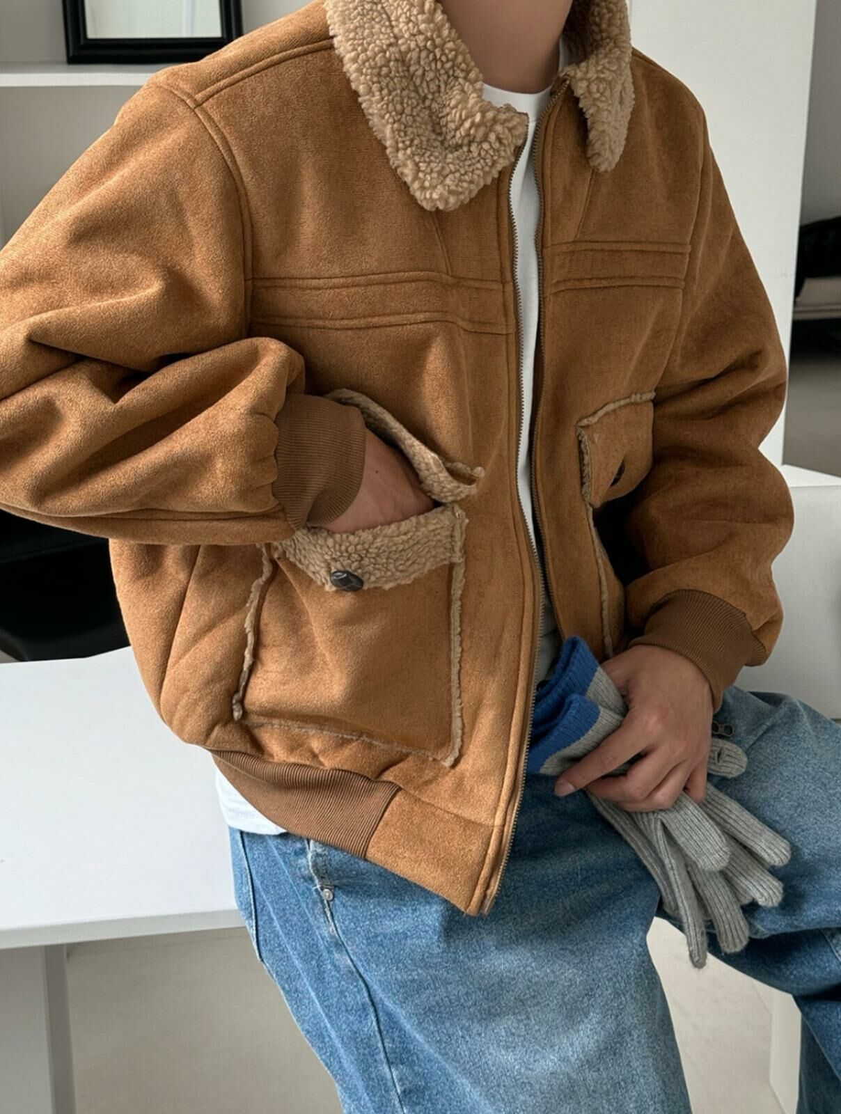 毛毛領拉鍊猄面褸 TAC-0093JK