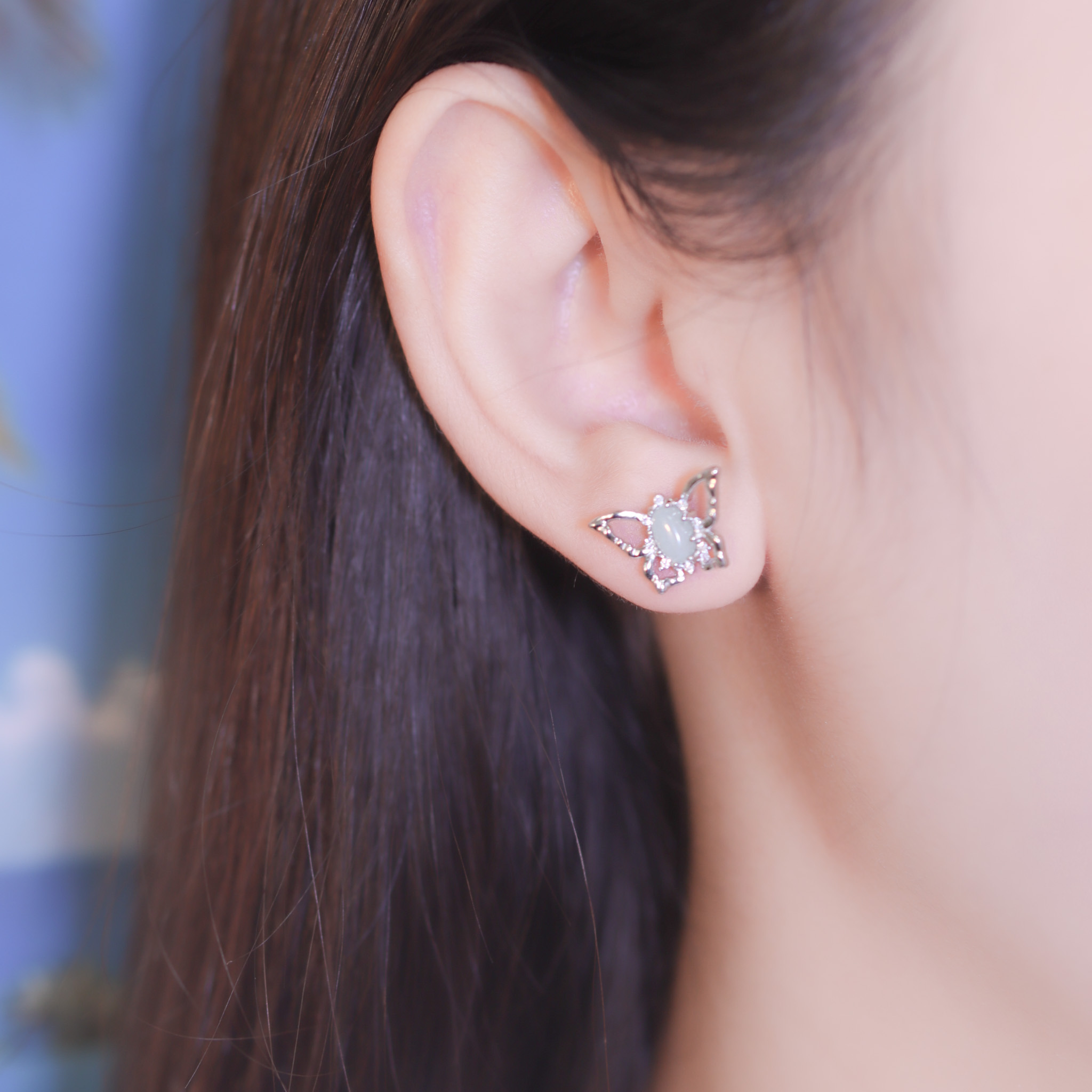 | 925純銀・厚鍍白金 | 確幸綠蝶願耳環 | EA0947 |