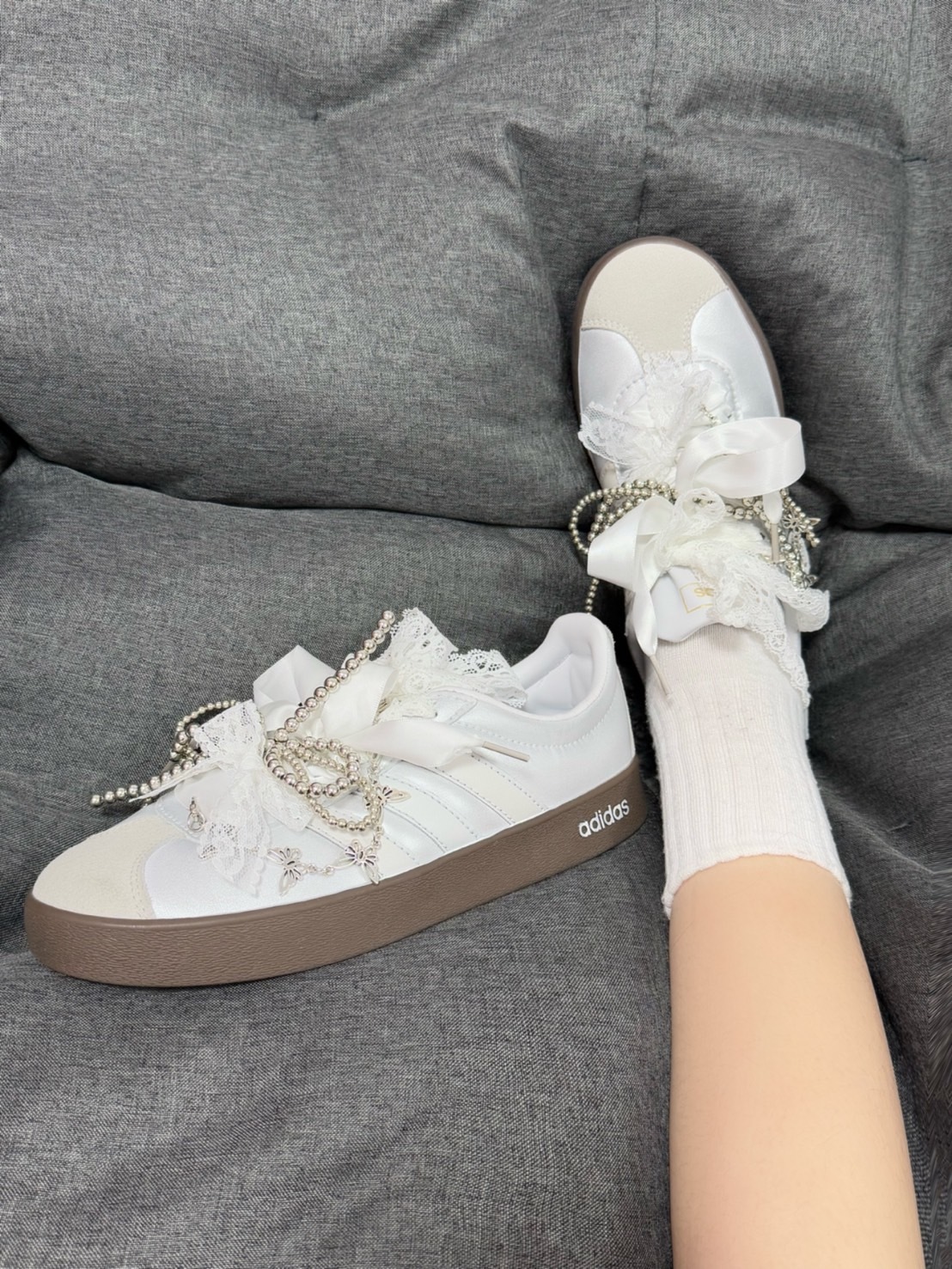 <絕美訂製款🩰> ADIDAS NEO VL COURT 2.0 緞帶蕾絲 鏈條 銀白 ID6015(Team648-同星寄月）