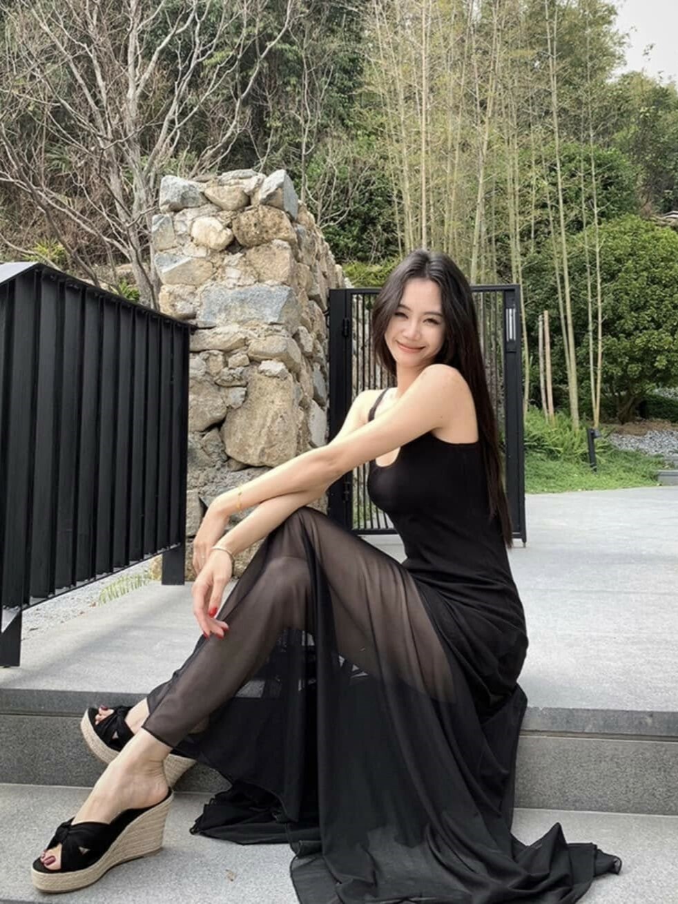 洋裝丨拼接網紗細肩長洋裝