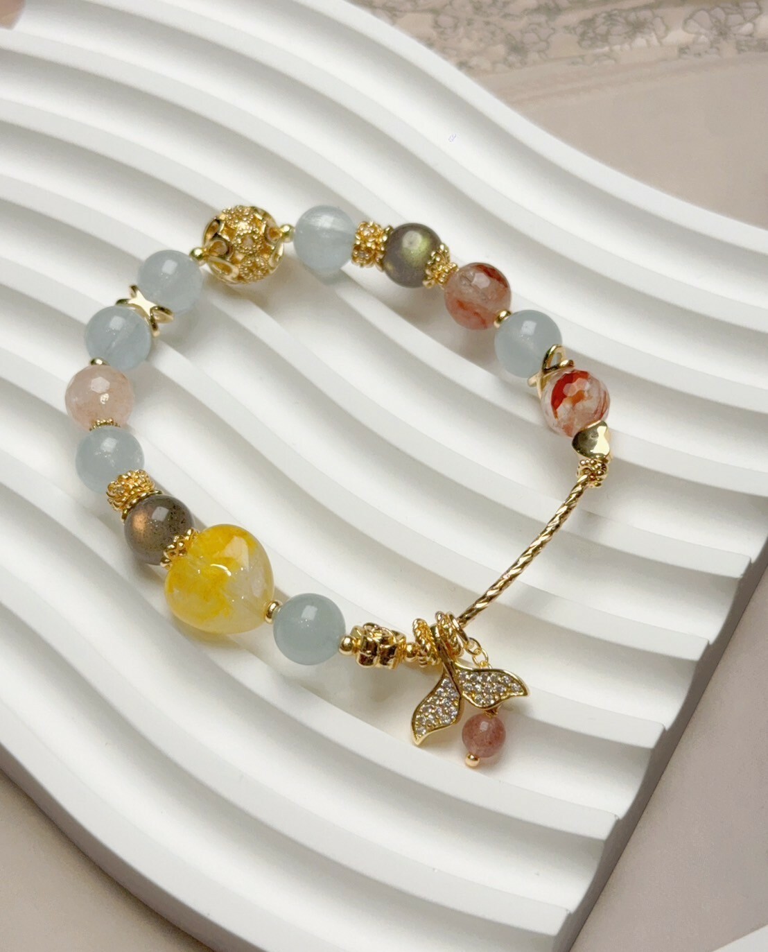 海底星空｜紅膠花/海藍寶/彩幽靈水晶手鍊