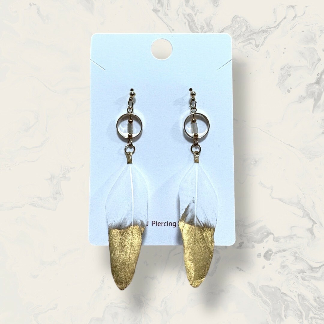 合金-金圓框中白晶吊羽毛 3色