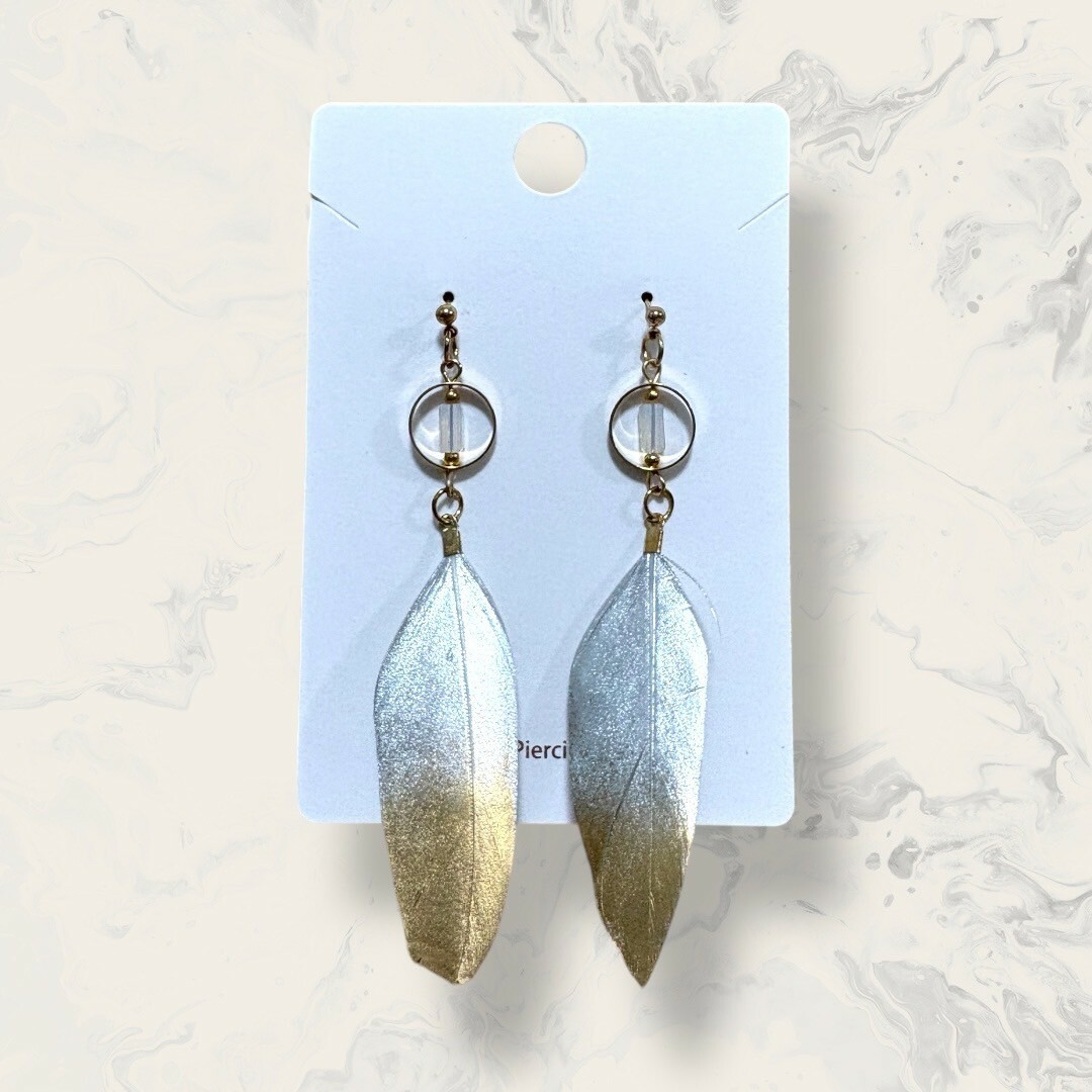 合金-金圓框中白晶吊羽毛 3色