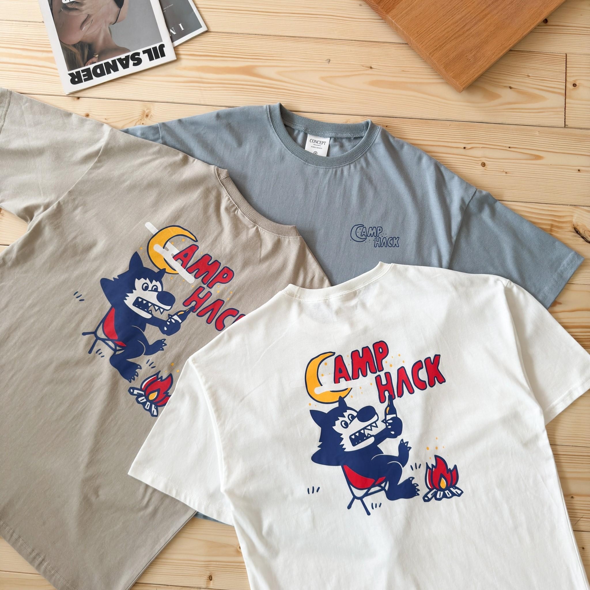 韓國短袖 Camp Hack 大野狼露營印花短T 80879