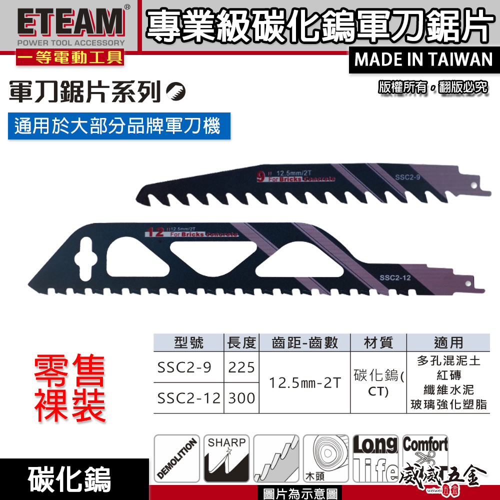 ETEAM 一等｜混凝土 紅磚 切割片 纖維水泥玻璃強化樹脂用切片 2T 碳化鎢軍刀鋸片｜SSC2-9 SSC2-12