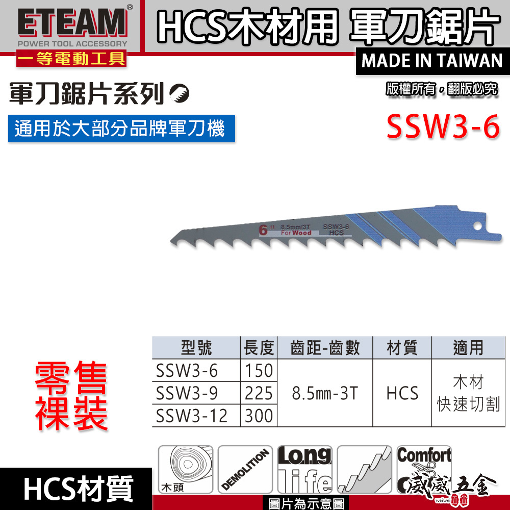 ETEAM 一等｜木頭用軍刀鋸片｜⽊材快速切割用切割片 木工用軍刀切片 3T 材質HCS｜SSW3-6｜SSW3-9｜SSW3-12｜台灣製