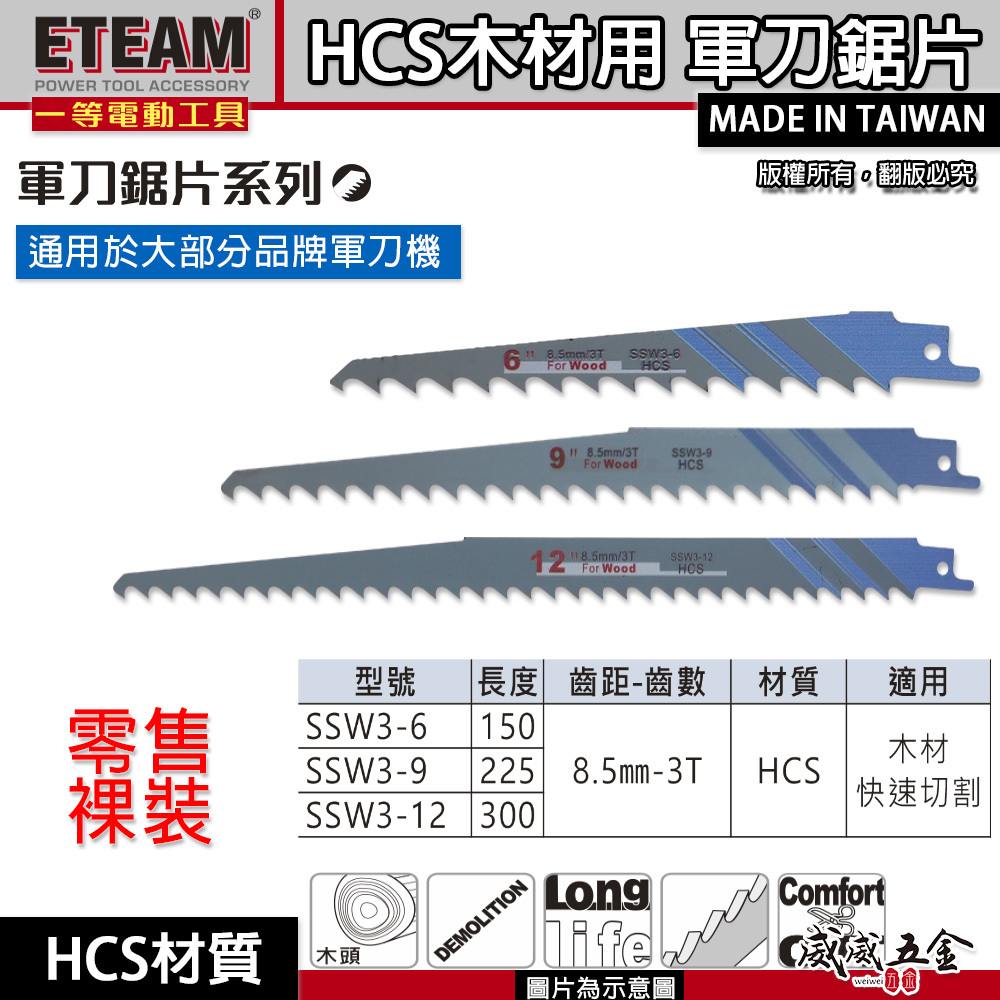 ETEAM 一等｜木頭用軍刀鋸片｜⽊材快速切割用切割片 木工用軍刀切片 3T 材質HCS｜SSW3-6｜SSW3-9｜SSW3-12｜台灣製