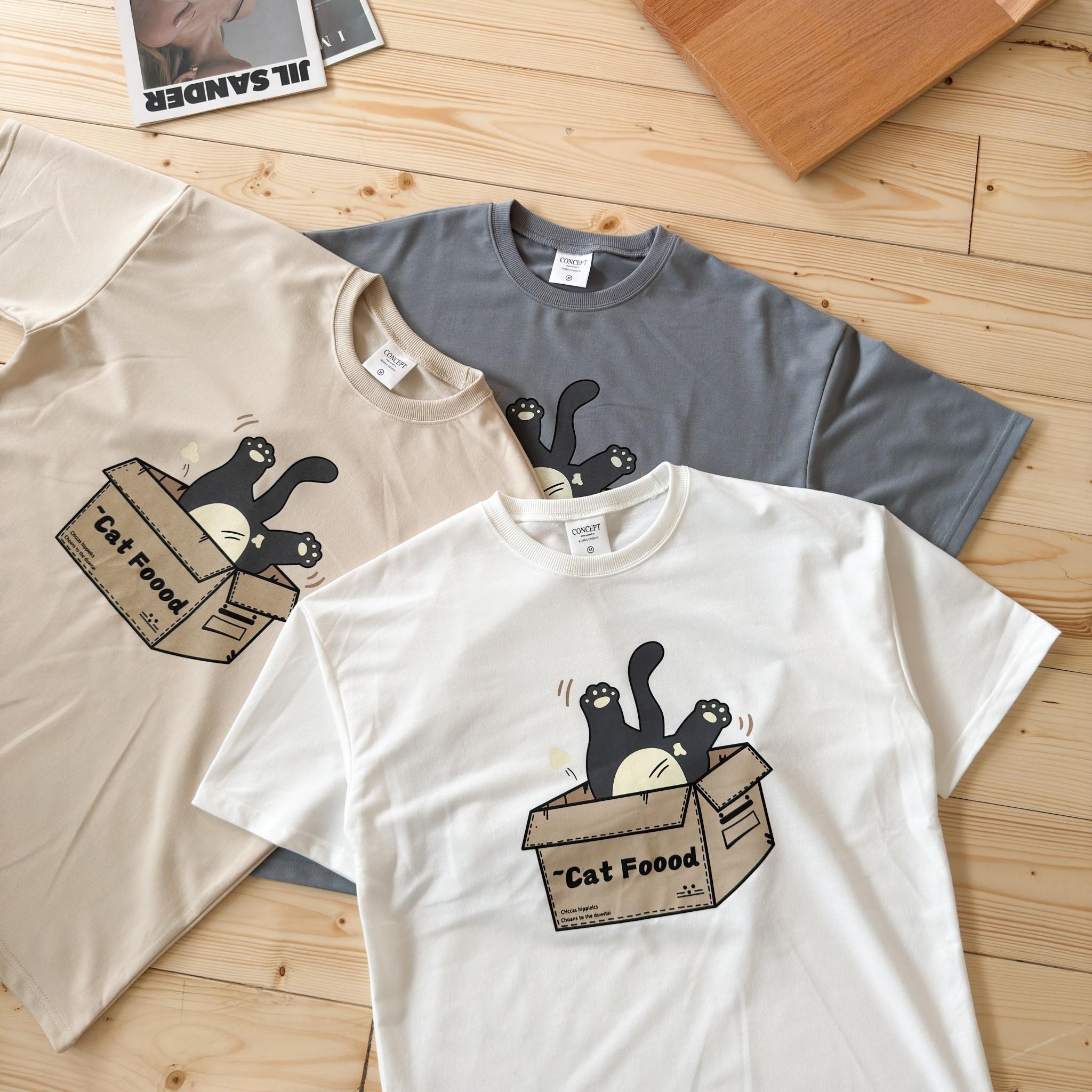 韓國短袖 Cat Foood 跌倒貓印花短T 80881
