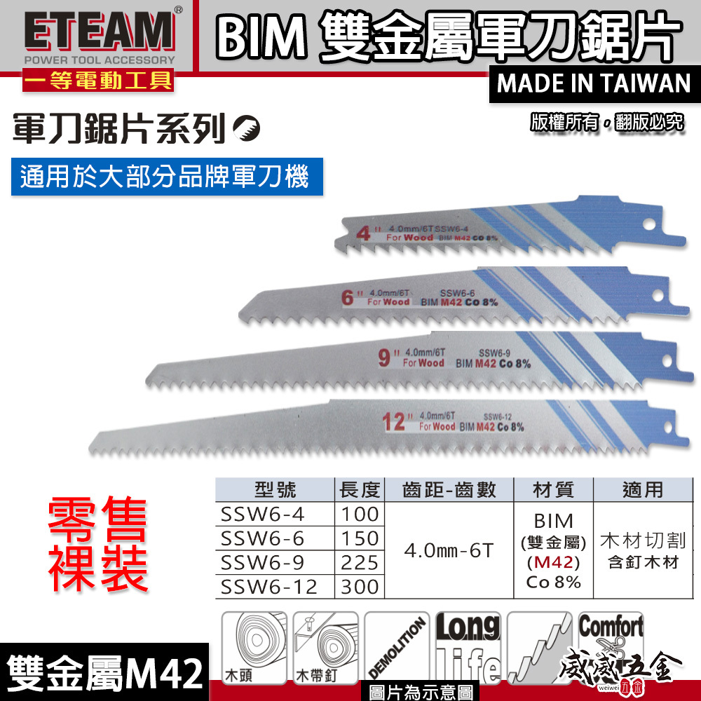 ETEAM 一等｜6T 高鈷M42雙金屬軍刀鋸片｜木材切片 木工軍刀切割片｜SSW6-4｜SSW6-6｜SSW6-9｜SSW6-12