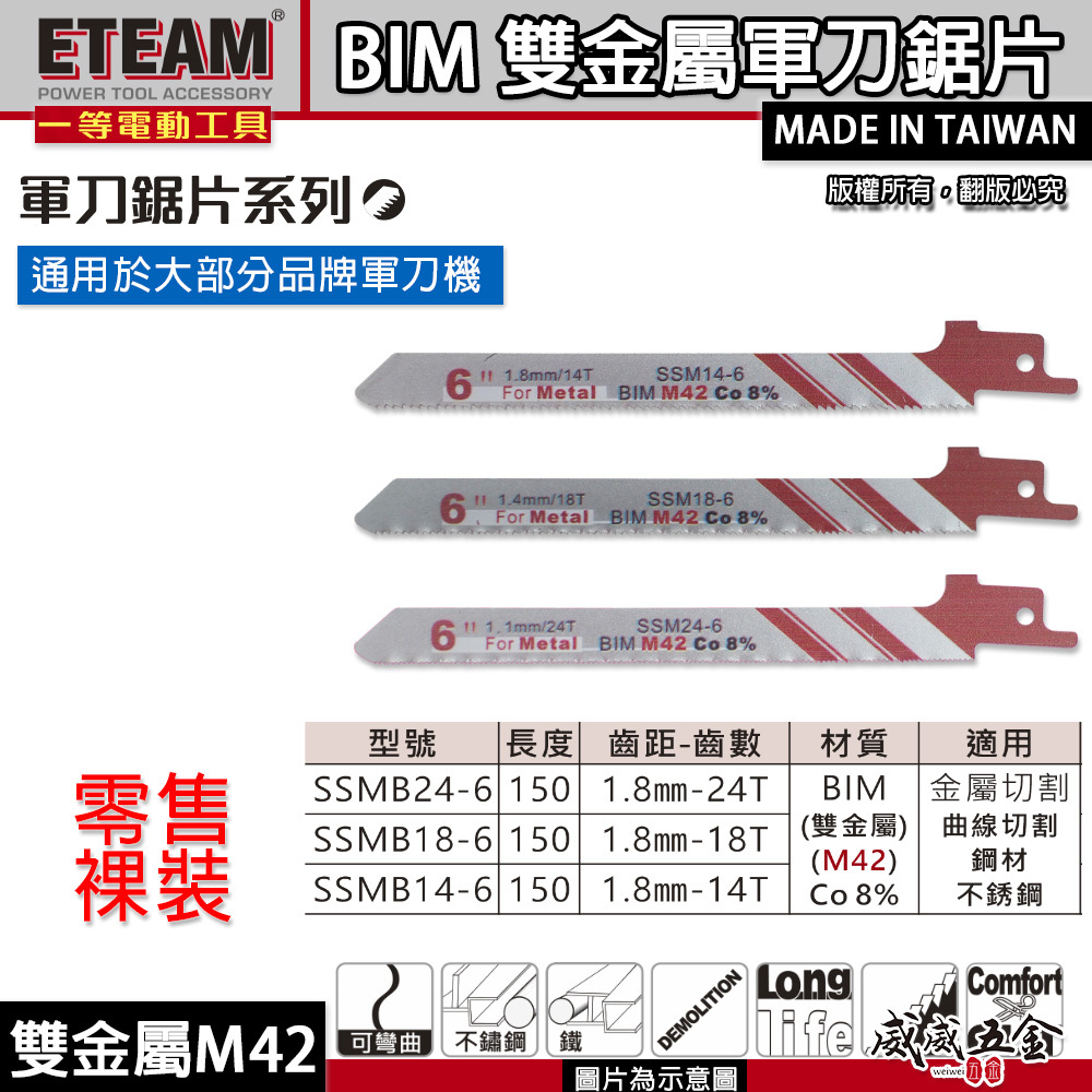 ETEAM 一等｜前窄14T 18T 24T 長150mm 高鈷M42雙金屬軍刀鋸片｜金屬不鏽鋼用｜SSMB