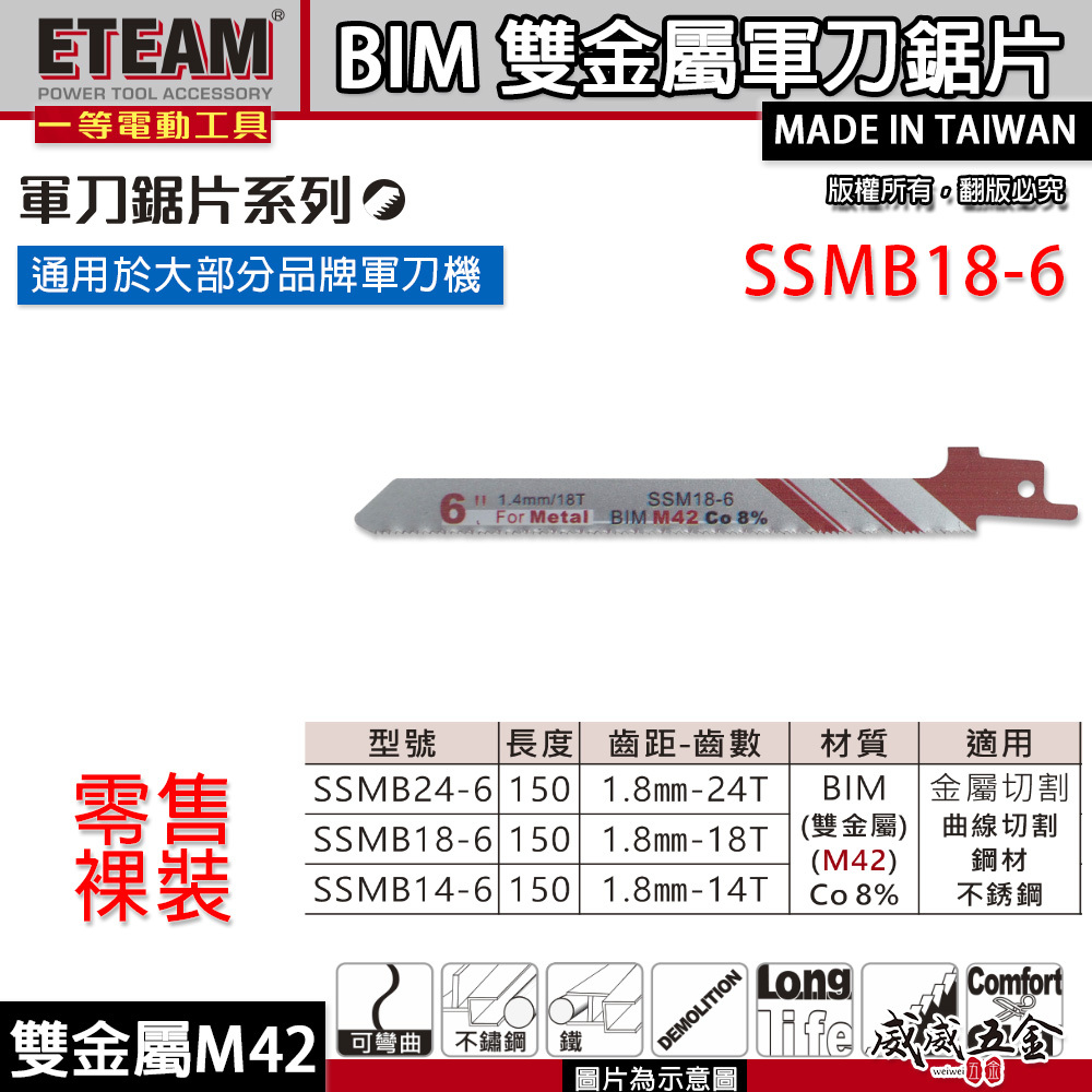 ETEAM 一等｜前窄14T 18T 24T 長150mm 高鈷M42雙金屬軍刀鋸片｜金屬不鏽鋼用｜SSMB