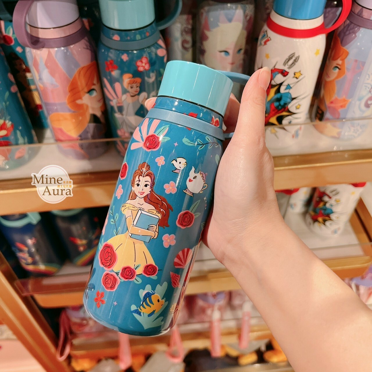 公主系列 Princess Line 公主集合 圖案 藍色底 手提 水壺 -香港迪士尼樂園
