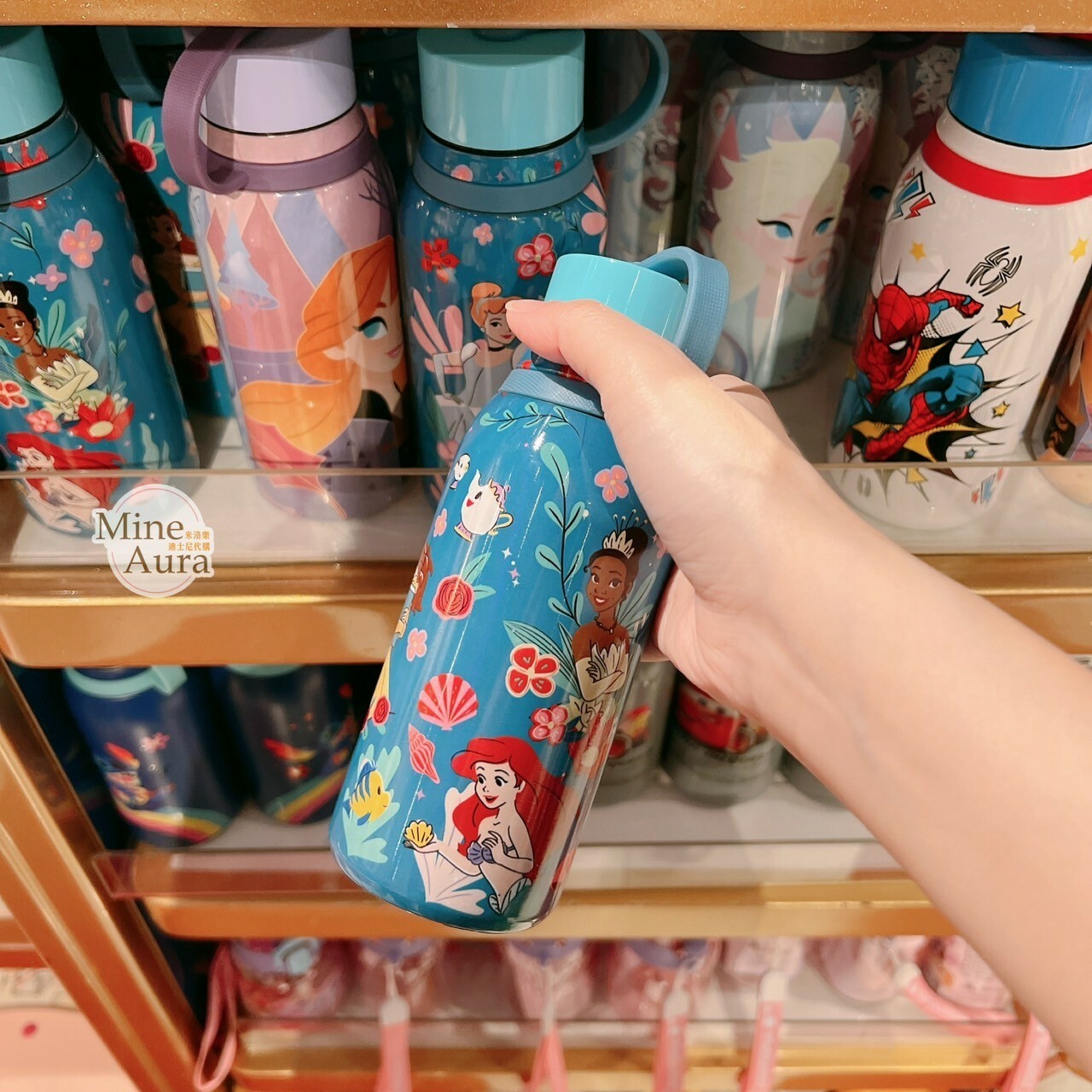 公主系列 Princess Line 公主集合 圖案 藍色底 手提 水壺 -香港迪士尼樂園