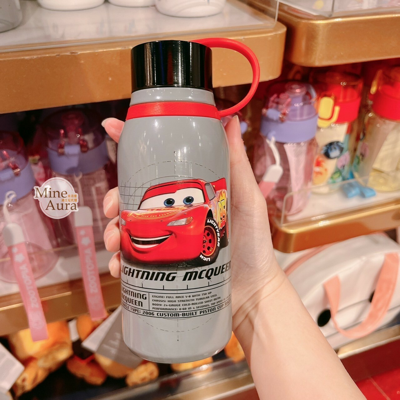 閃電麥坤 Lightning McQueen 圖案 黑色蓋 灰色底 手提 水壺 汽車總動員 Cars -香港迪士尼樂園
