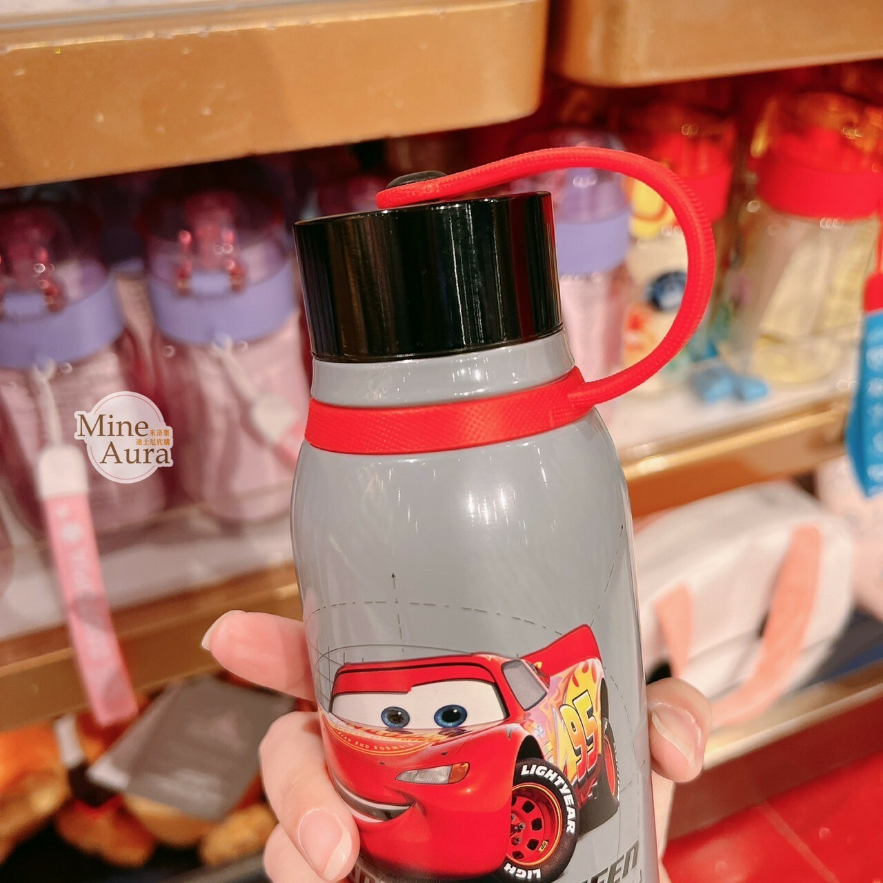 閃電麥坤 Lightning McQueen 圖案 黑色蓋 灰色底 手提 水壺 汽車總動員 Cars -香港迪士尼樂園
