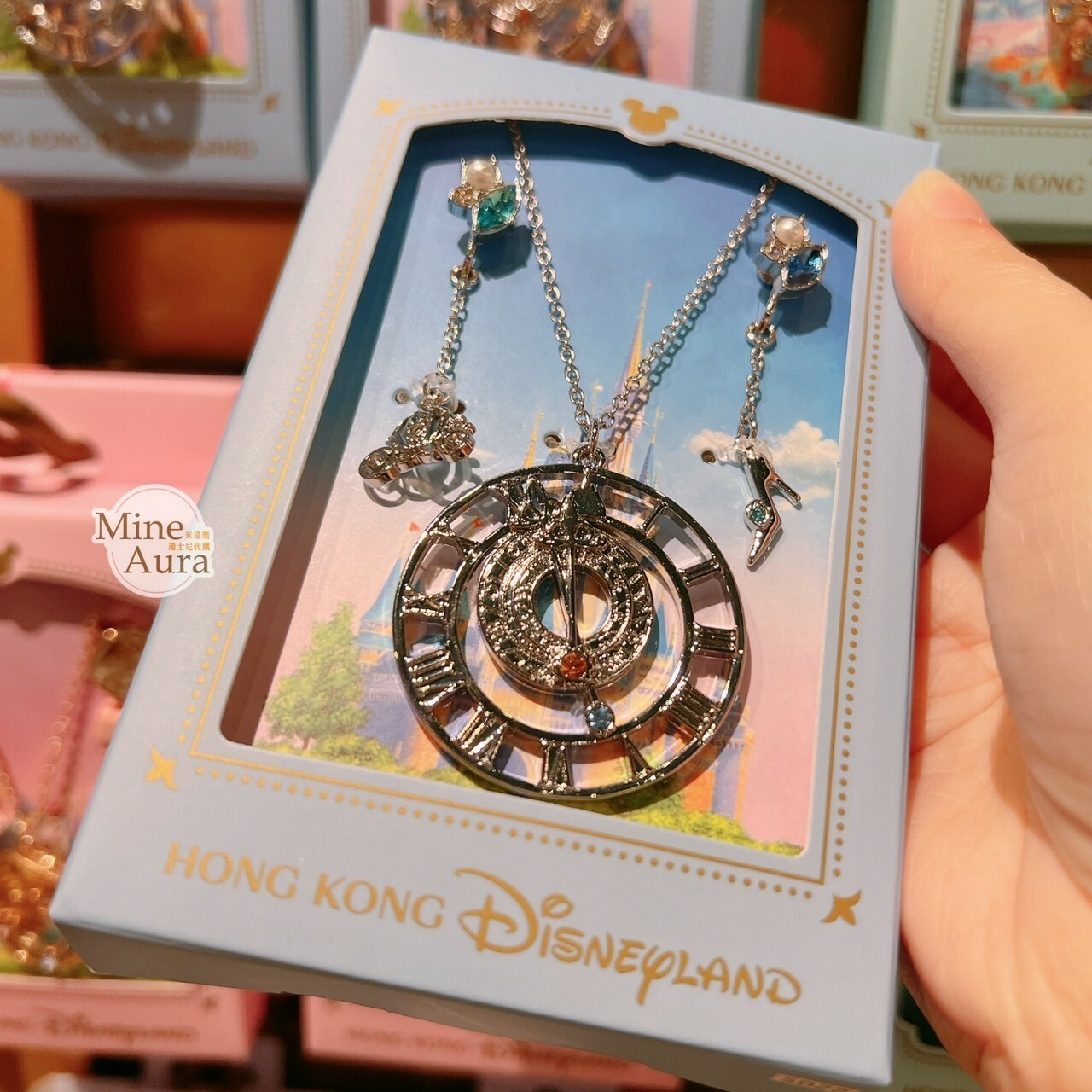 仙杜瑞拉 Cinderella 亮鑽 南瓜馬車 跟鞋 耳環 + 簍空造型項鍊 2入組 首飾 仙履奇緣 -香港迪士尼樂園